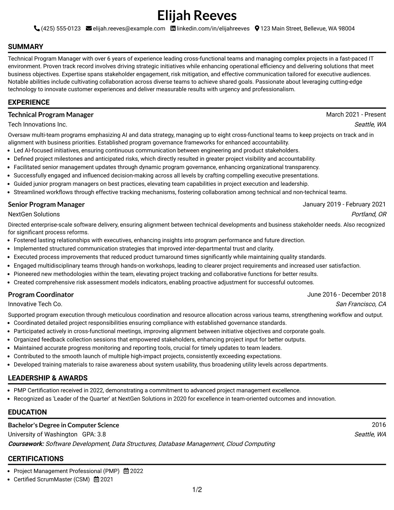 Resume Example Page 1