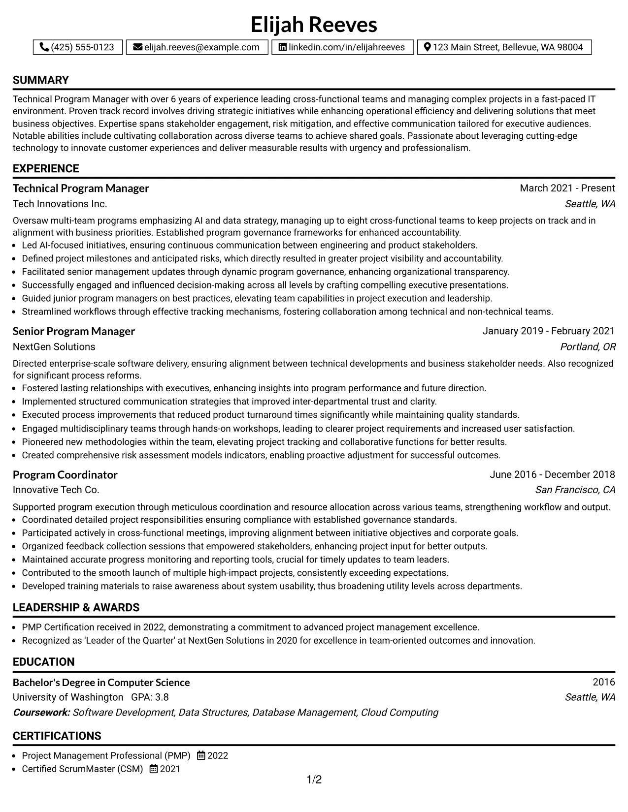 Resume Example Page 1