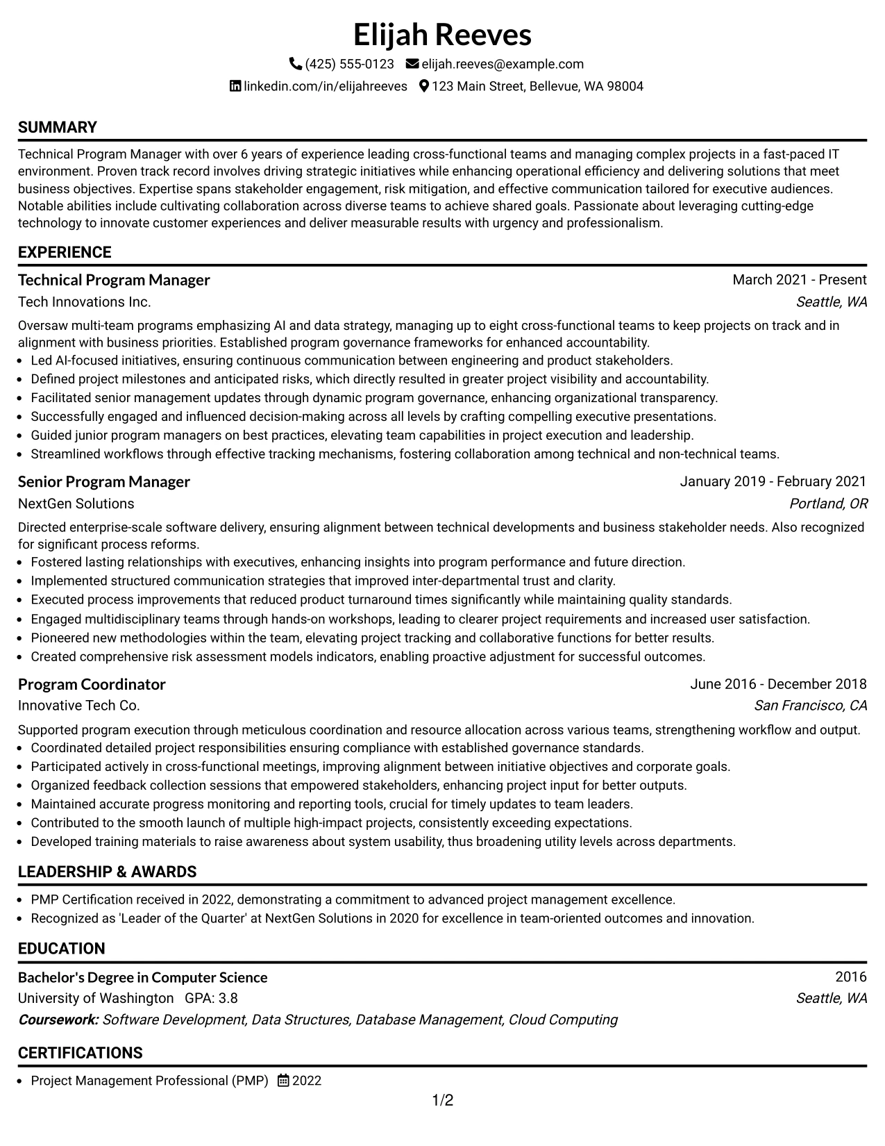 Resume Example Page 1