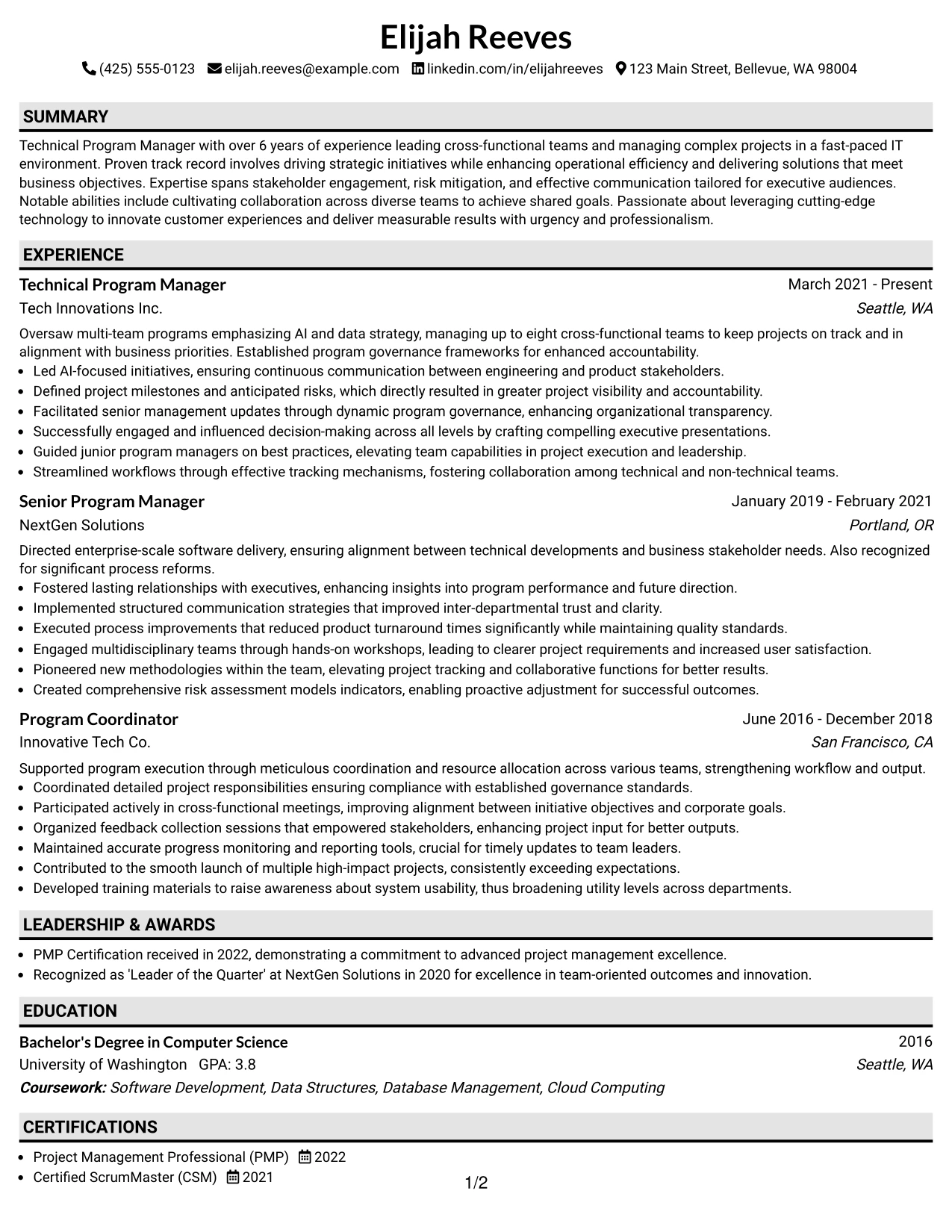 Resume Example Page 1