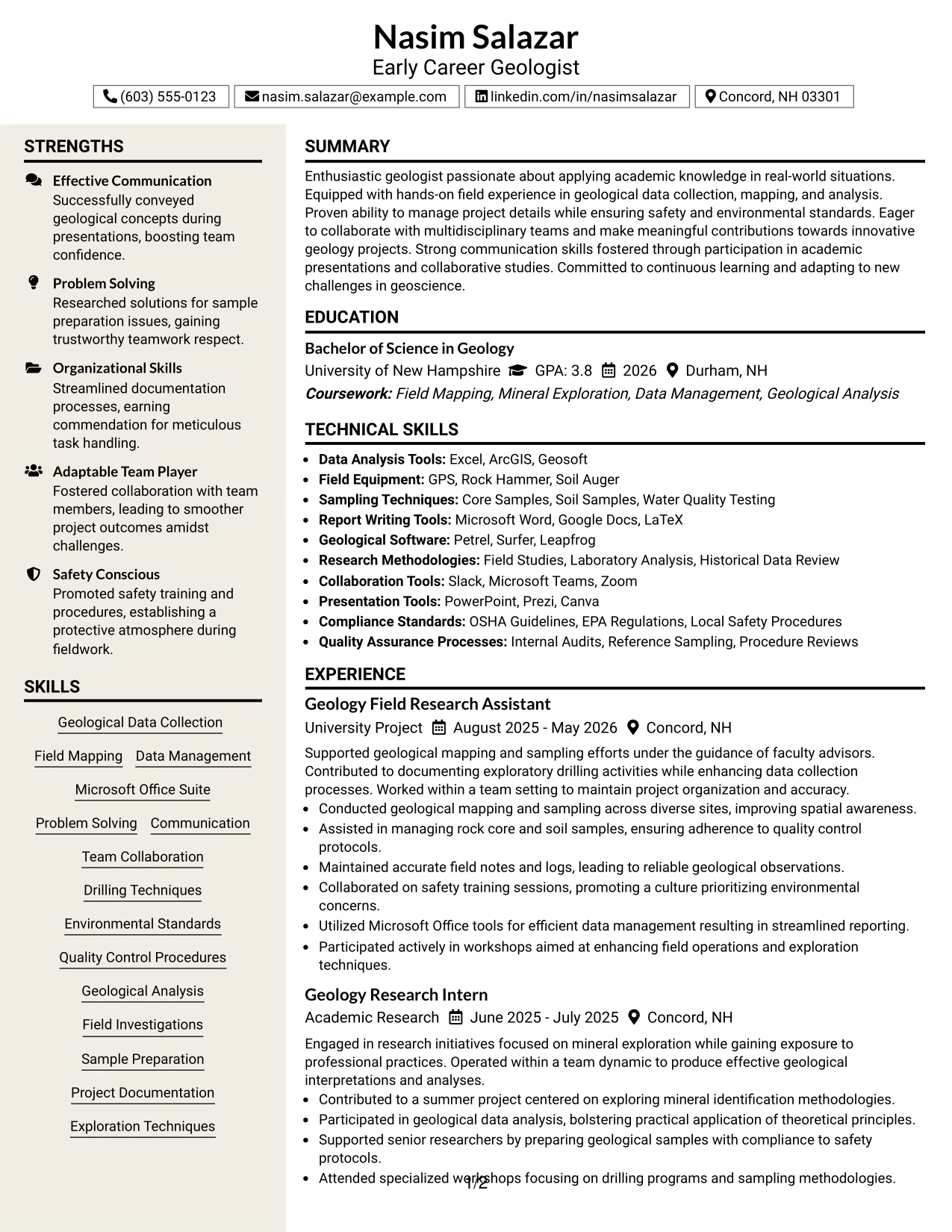 Resume Example Page 1