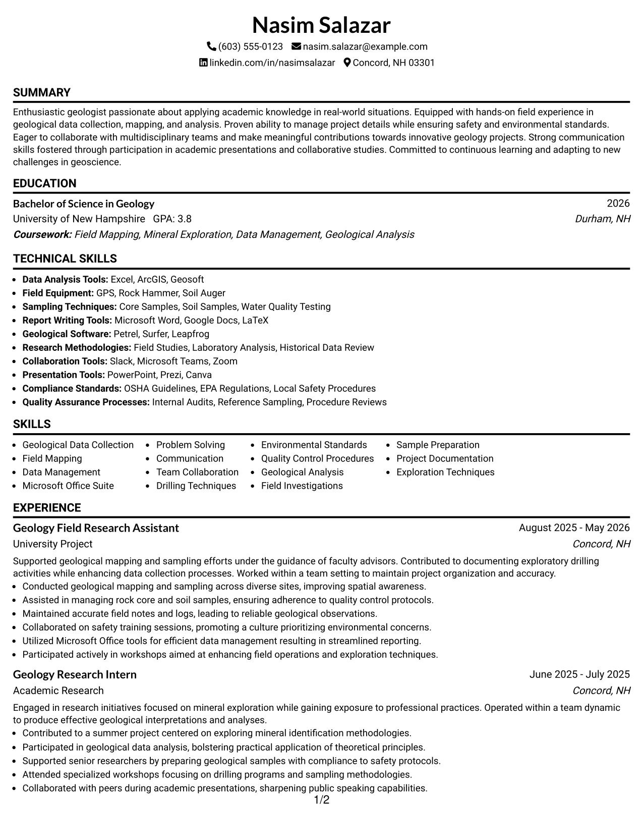 Resume Example Page 1