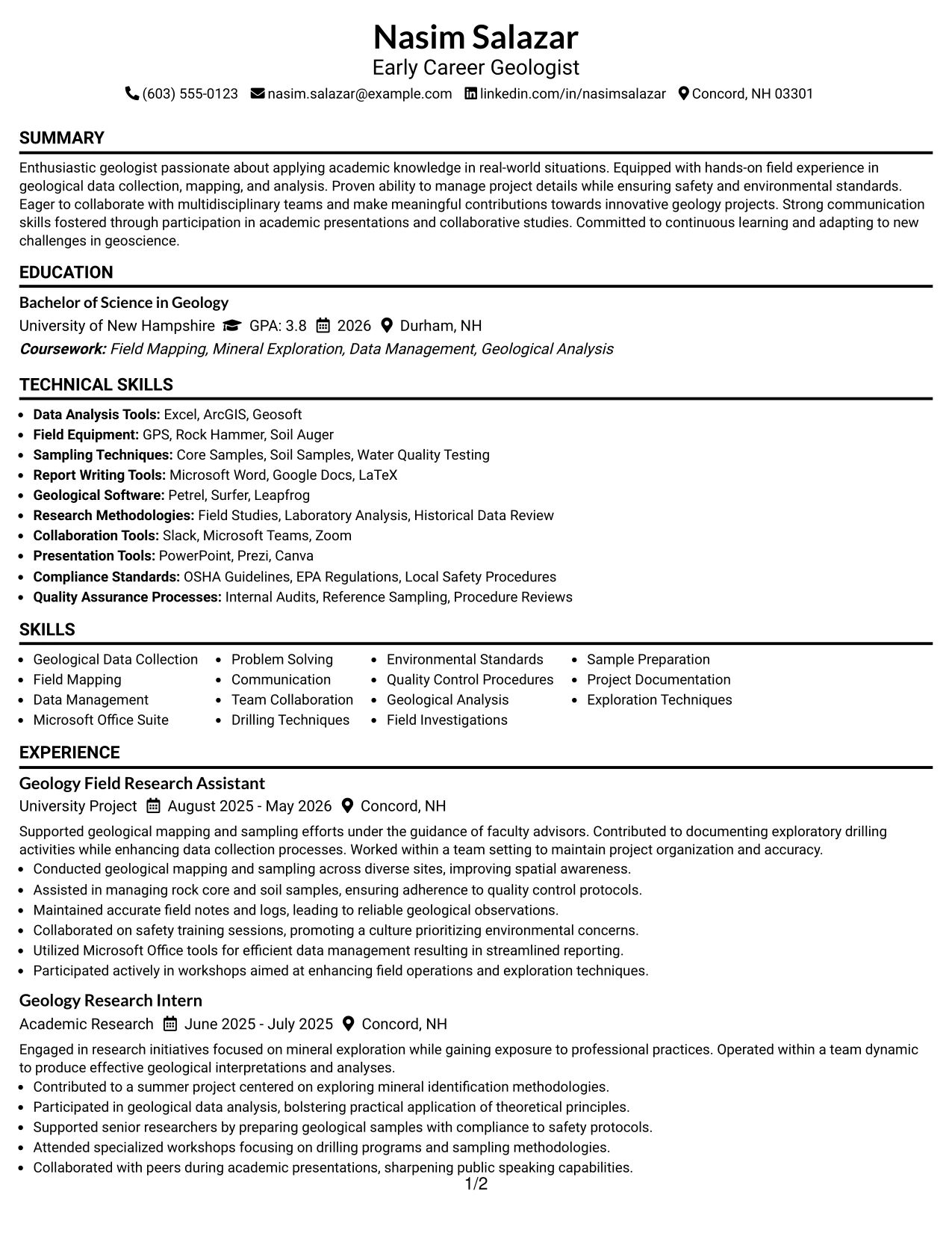 Resume Example Page 1