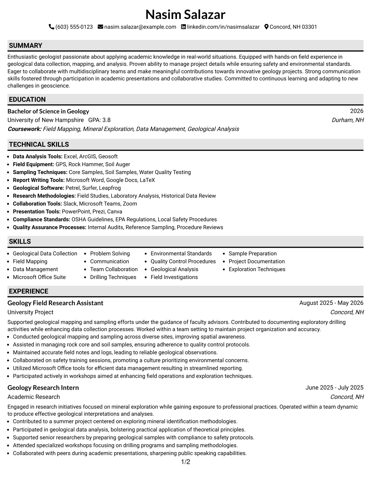 Resume Example Page 1