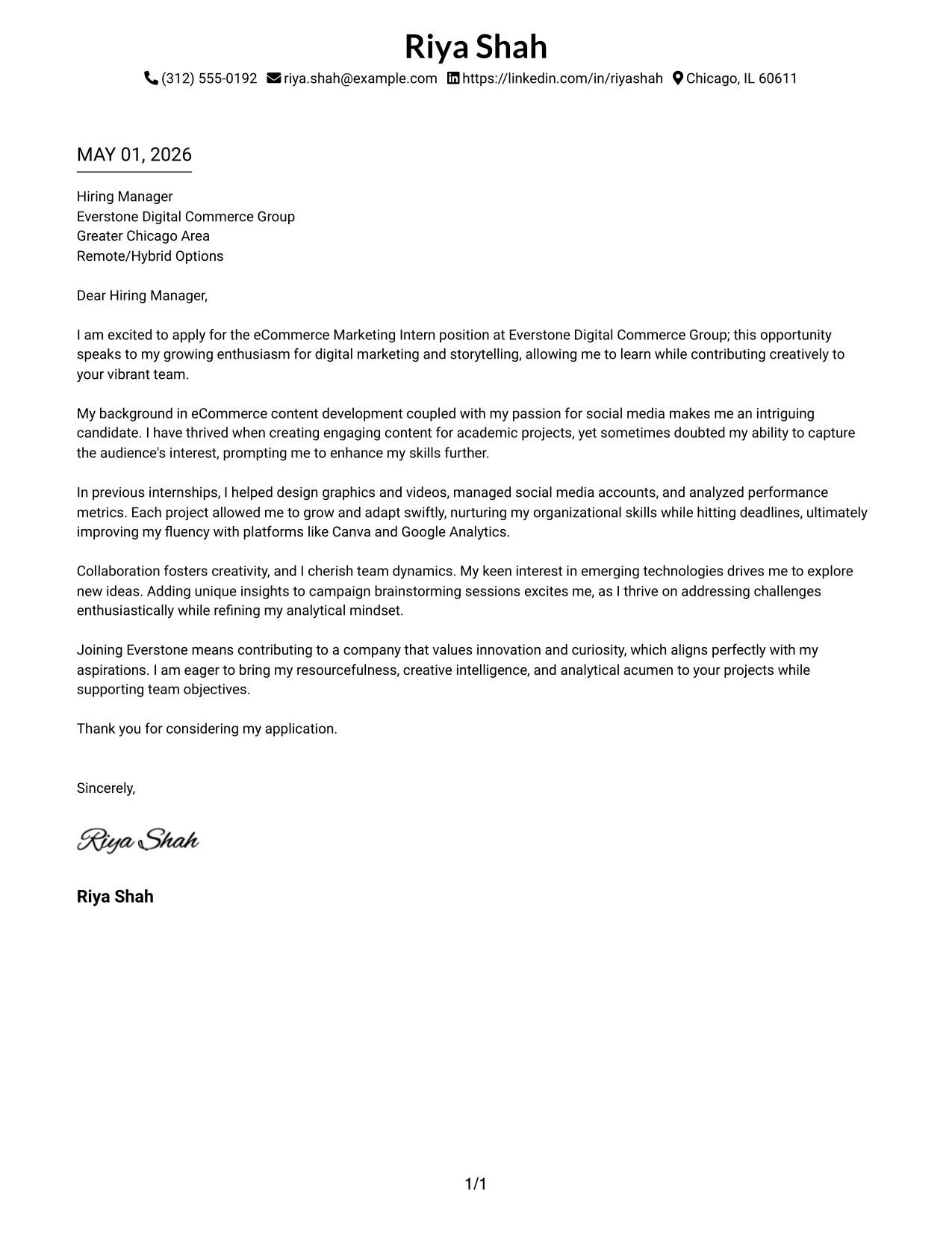 eCommerce Marketing Intern Cover Letter Example Minimal Header Format