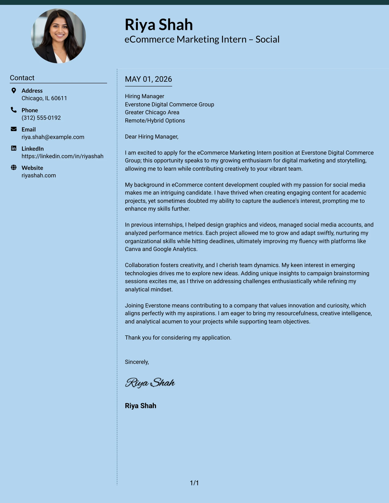 eCommerce Marketing Intern Cover Letter Example Modern Full Background Two Column Format