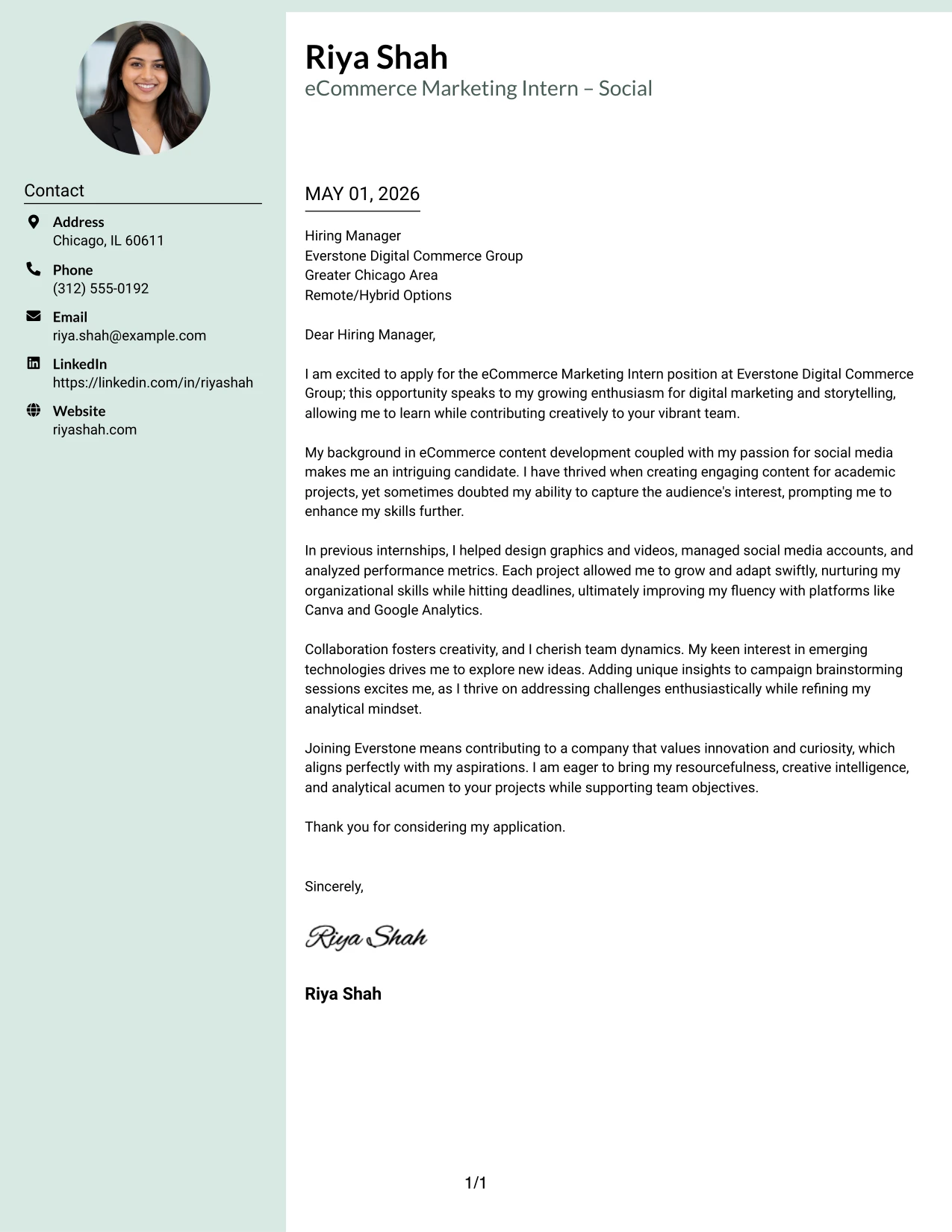 eCommerce Marketing Intern Cover Letter Example Photo Header Color Sidebar Format