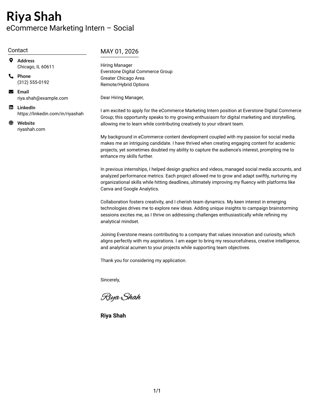 eCommerce Marketing Intern Cover Letter Example Left Aligned Header Clean Two Column Format