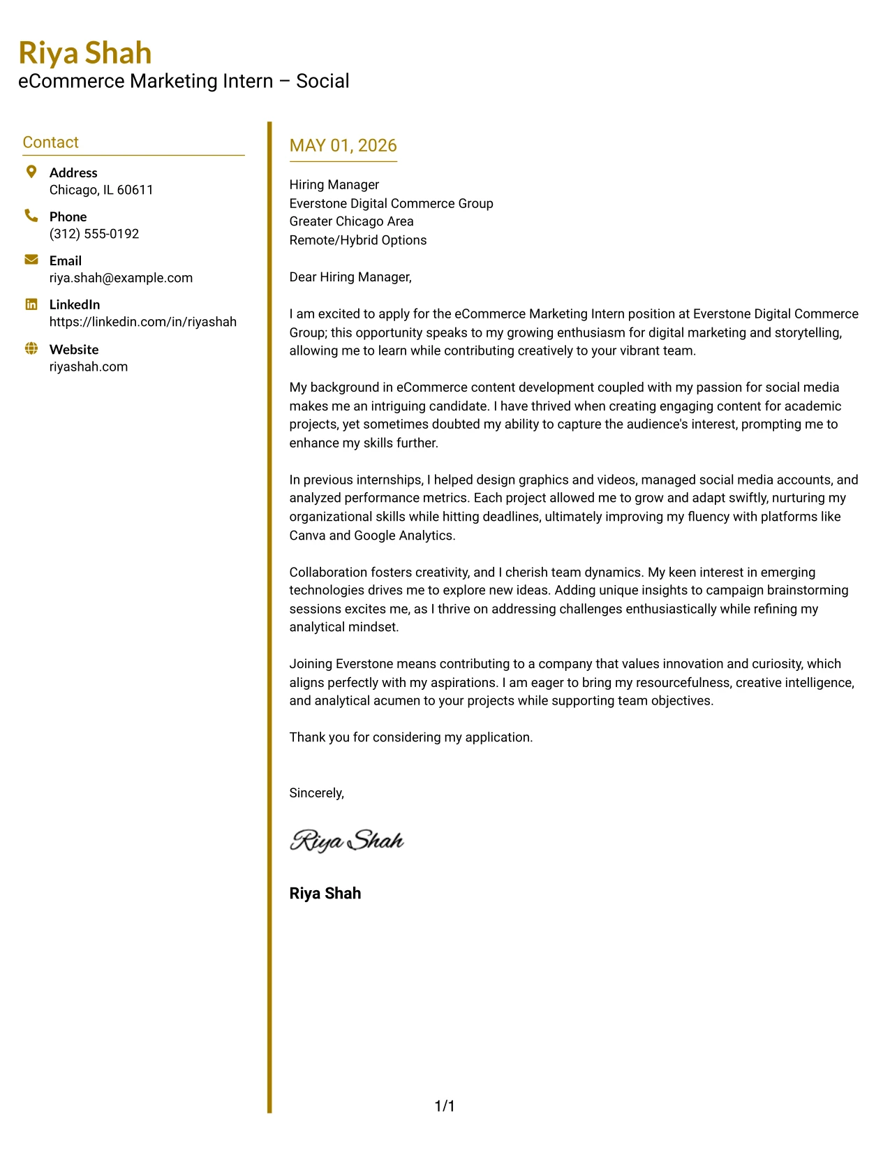 eCommerce Marketing Intern Cover Letter Example Accent Divider Modern Two Column Format