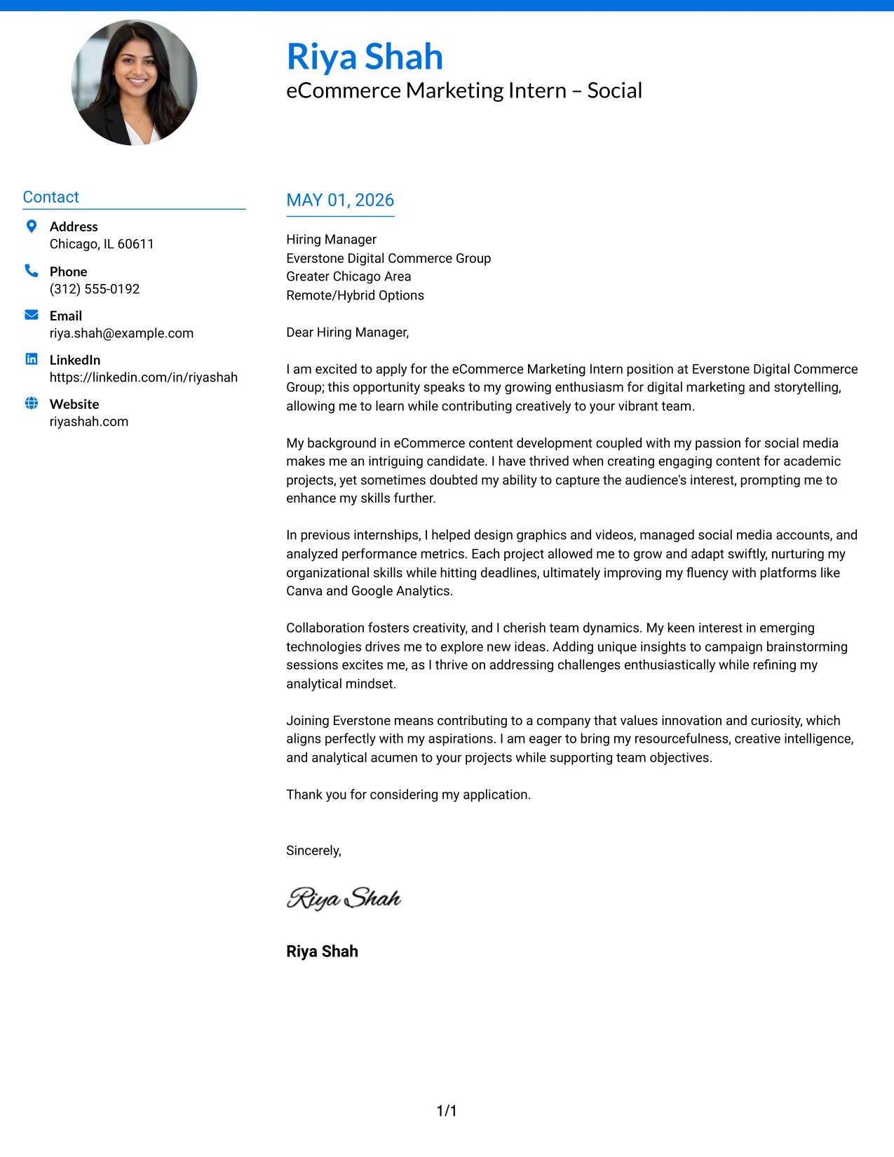 eCommerce Marketing Intern Cover Letter Example Photo Header Color Accent International Format