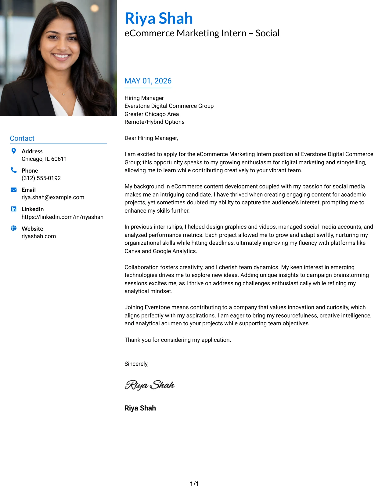 eCommerce Marketing Intern Cover Letter Example Large Profile Photo International Two Column Format