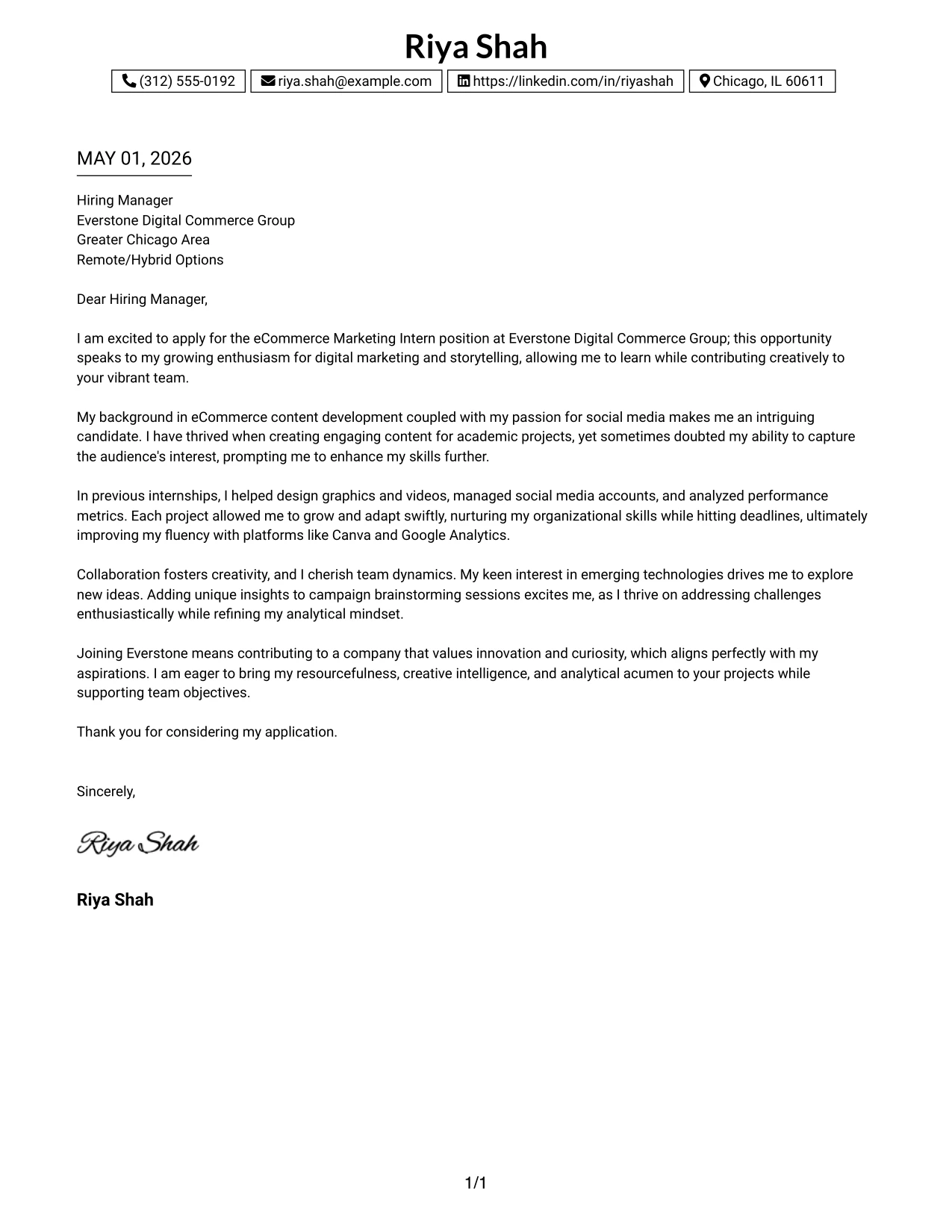 eCommerce Marketing Intern Cover Letter Example One Column Boxed Contact Header Format