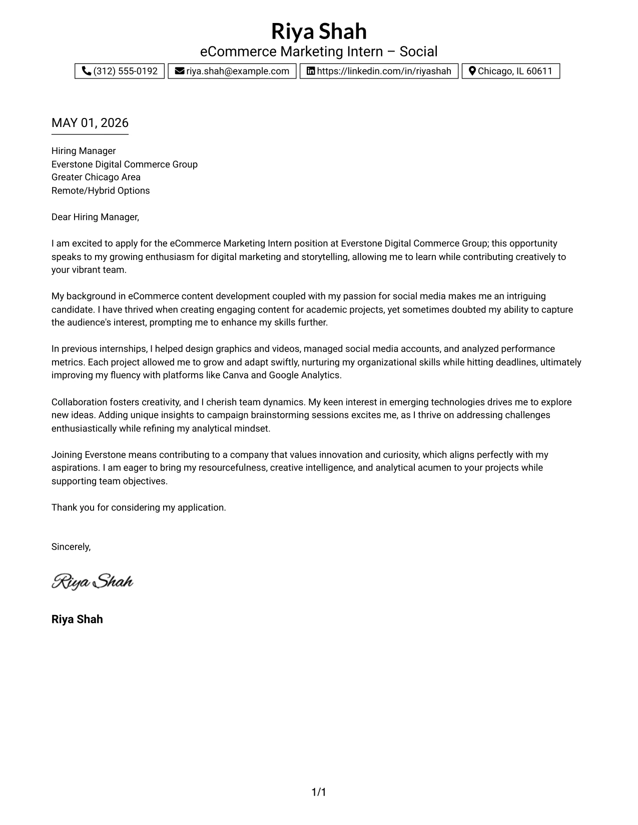 eCommerce Marketing Intern Cover Letter Example Boxed Contact Header with Job Title Format