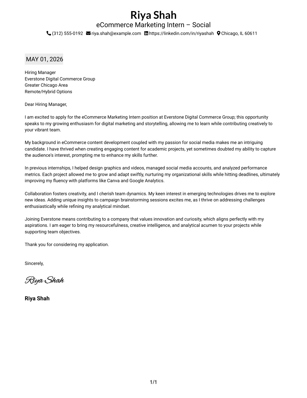 eCommerce Marketing Intern Cover Letter Example Plain Professional Layout with Job Title and Shaded Date