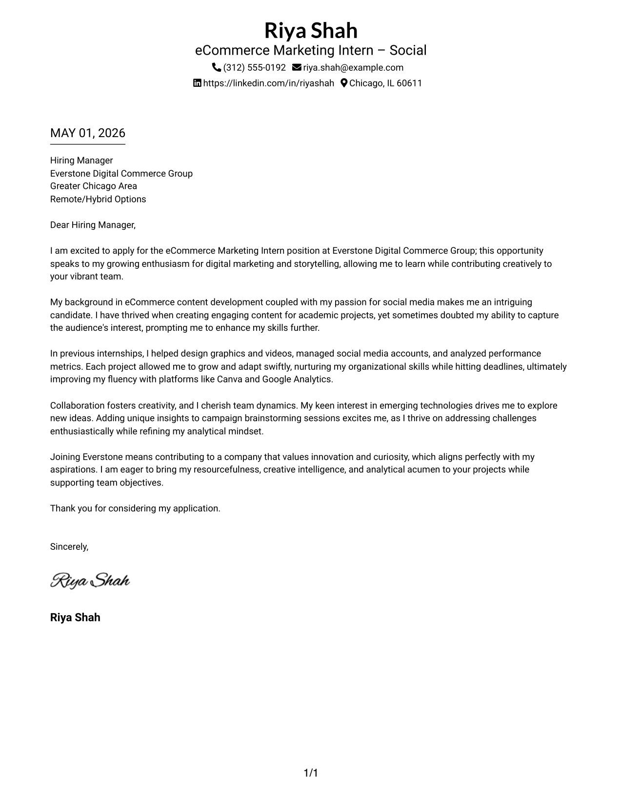 eCommerce Marketing Intern Cover Letter Example Two-Line Contact Header with Underlined Date Format