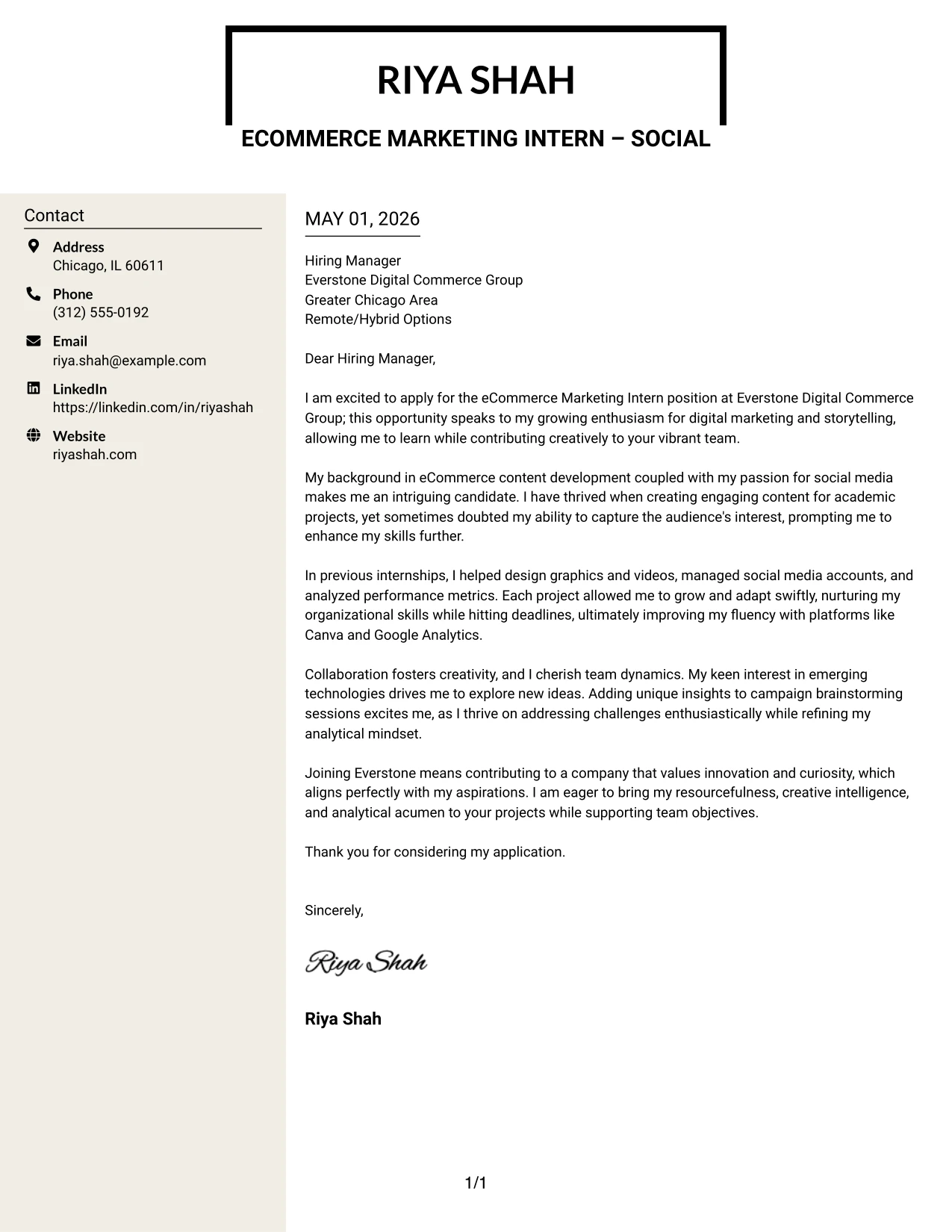 eCommerce Marketing Intern Cover Letter Example Stylish Two Column Designer Format