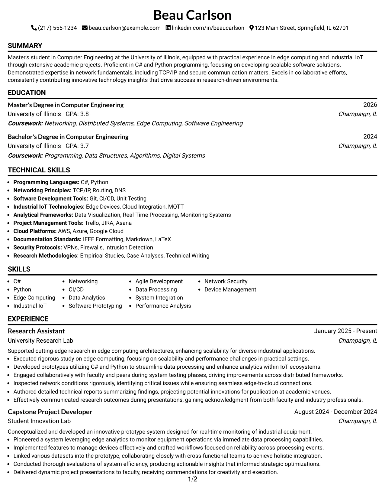Resume Example Page 1