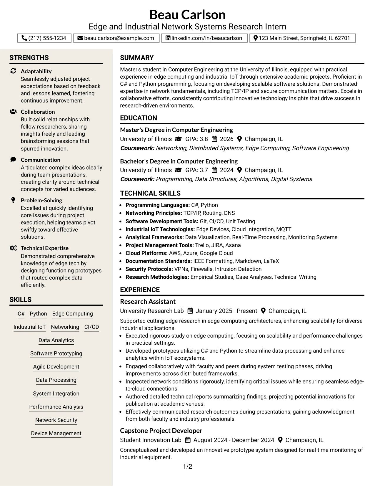 Resume Example Page 1