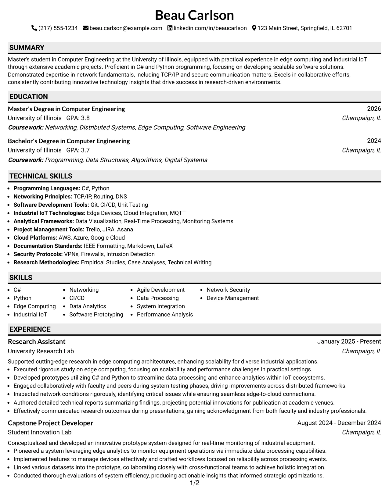 Resume Example Page 1