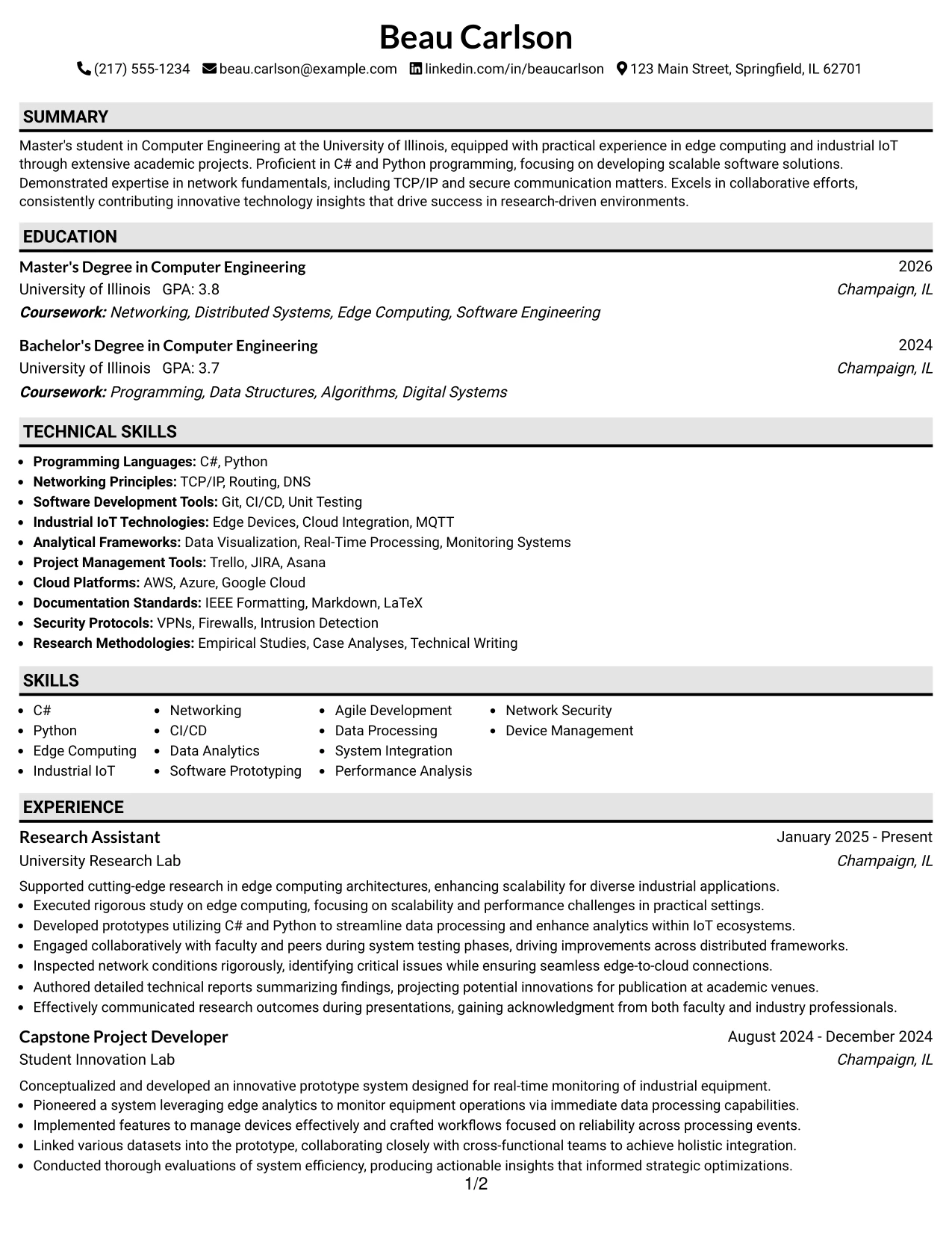 Resume Example Page 1