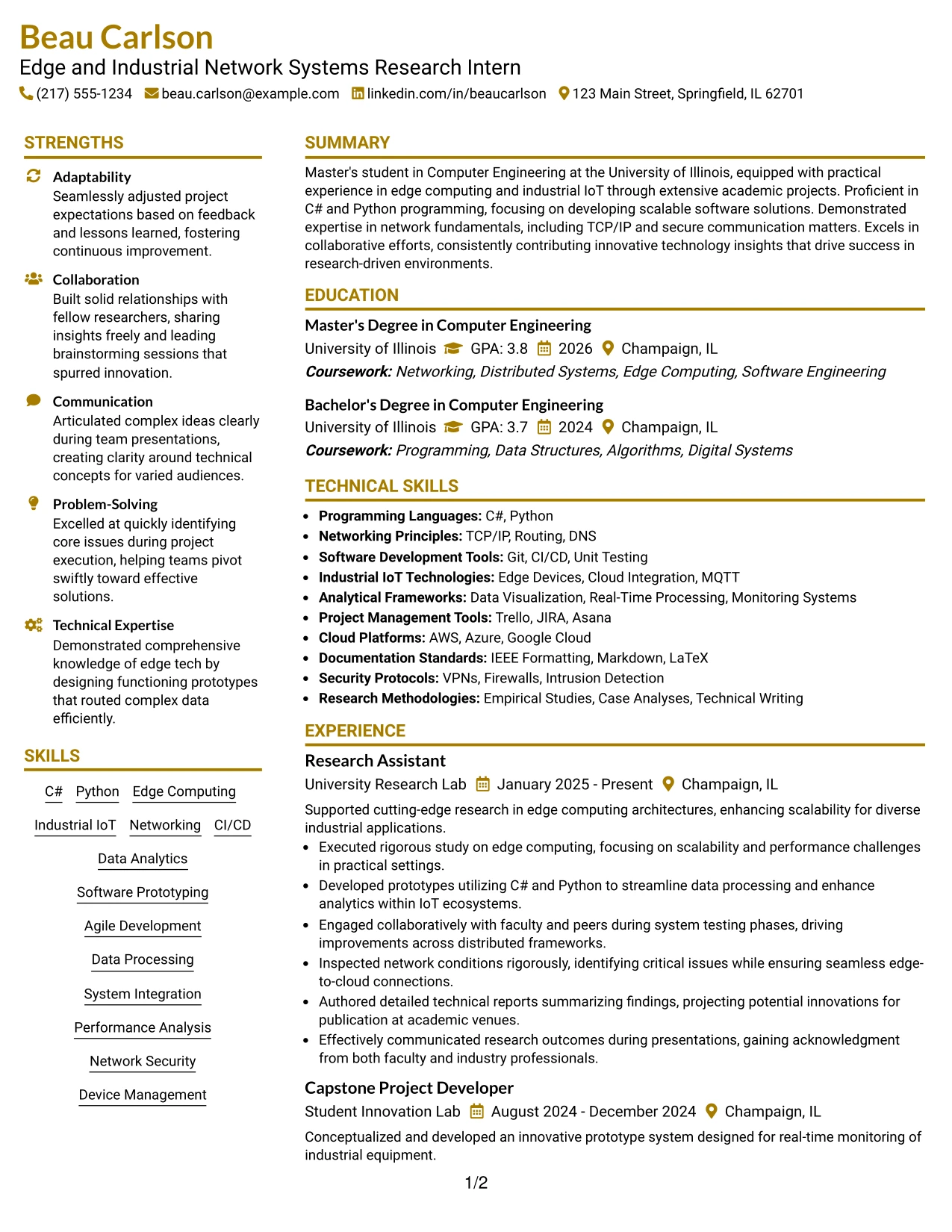 Resume Example Page 1