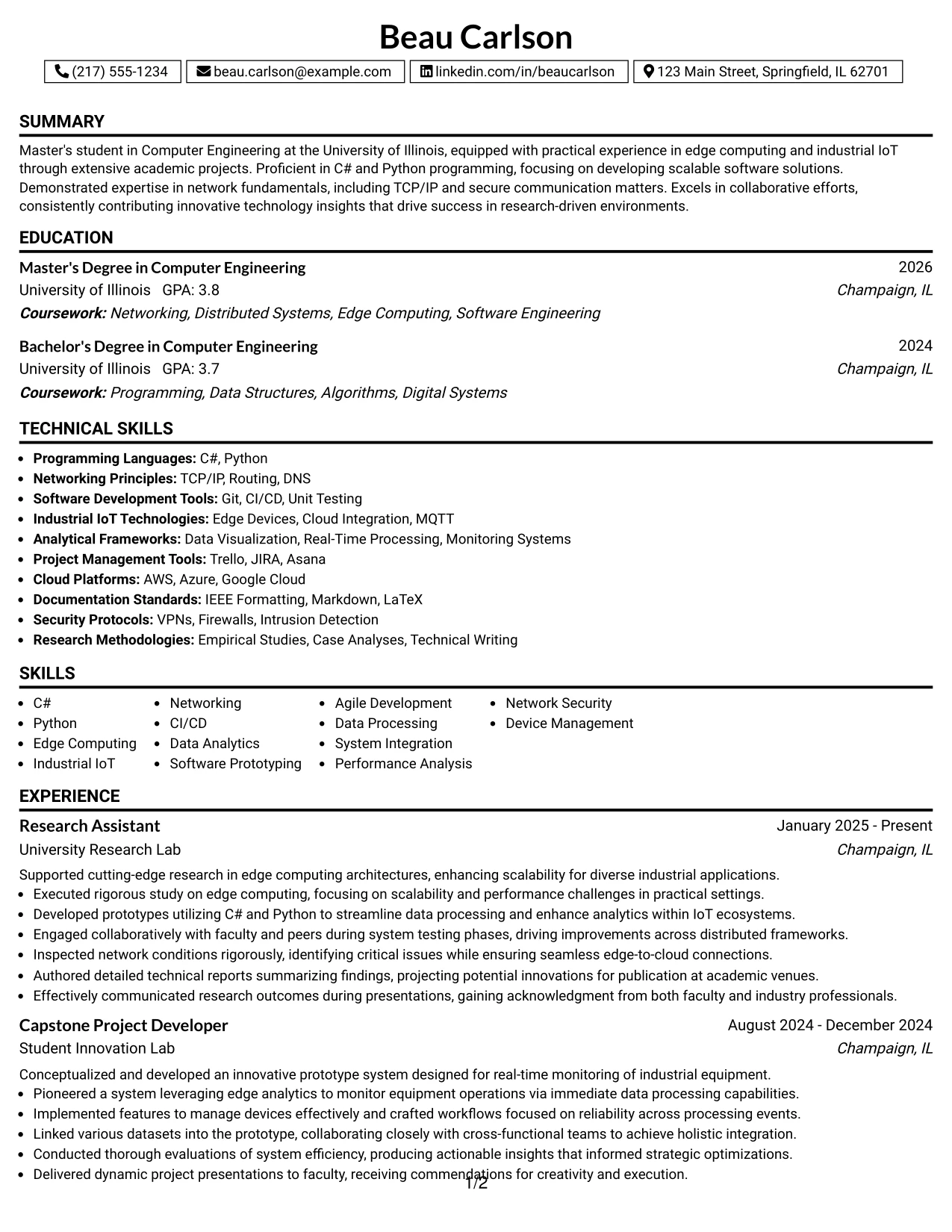 Resume Example Page 1