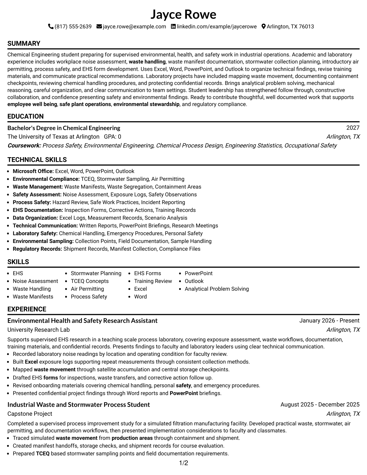 Resume Example Page 1