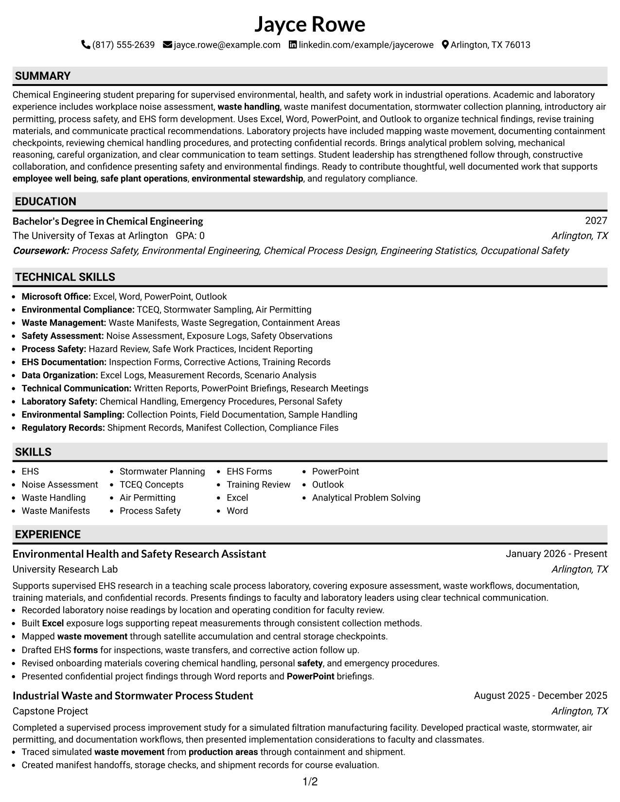 Resume Example Page 1