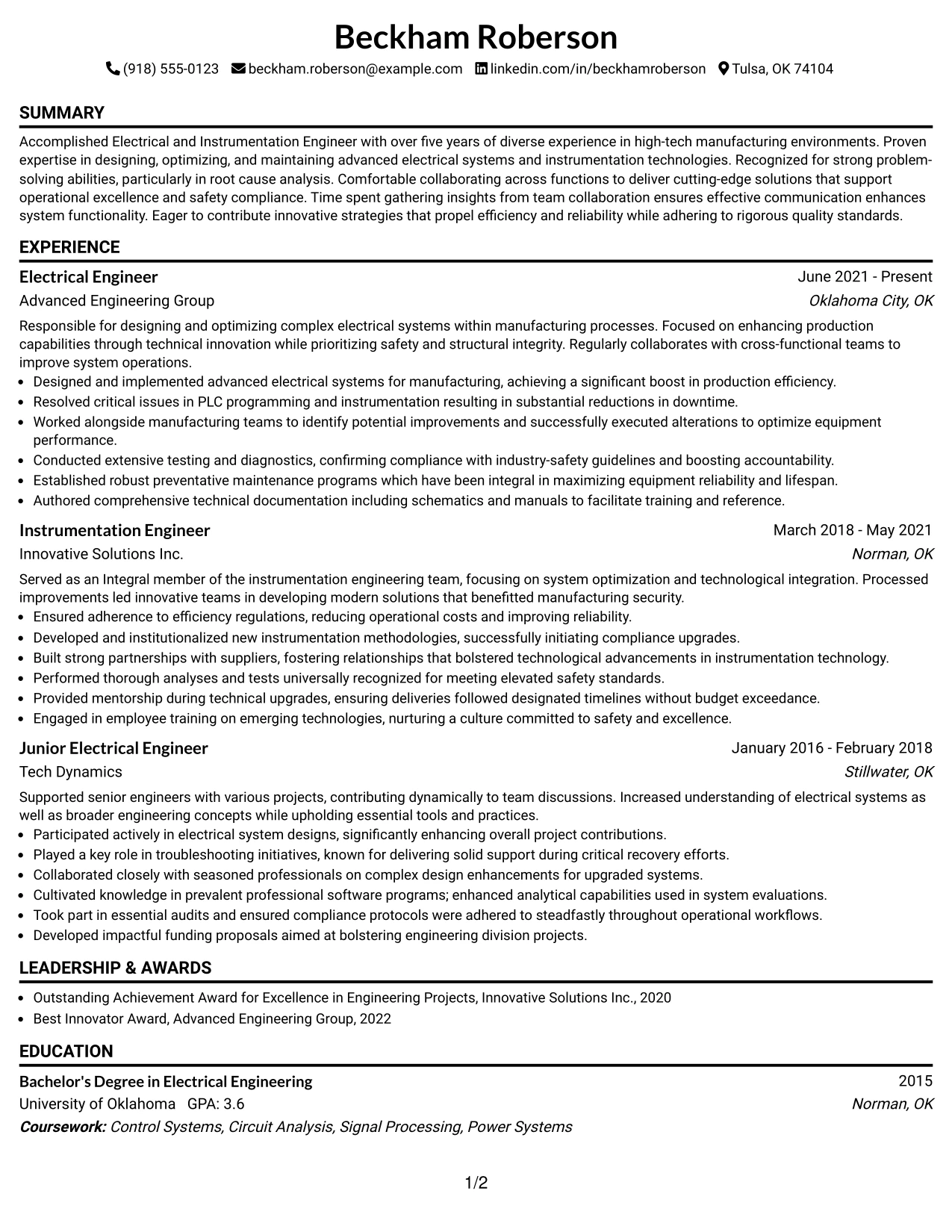 Resume Example Page 1