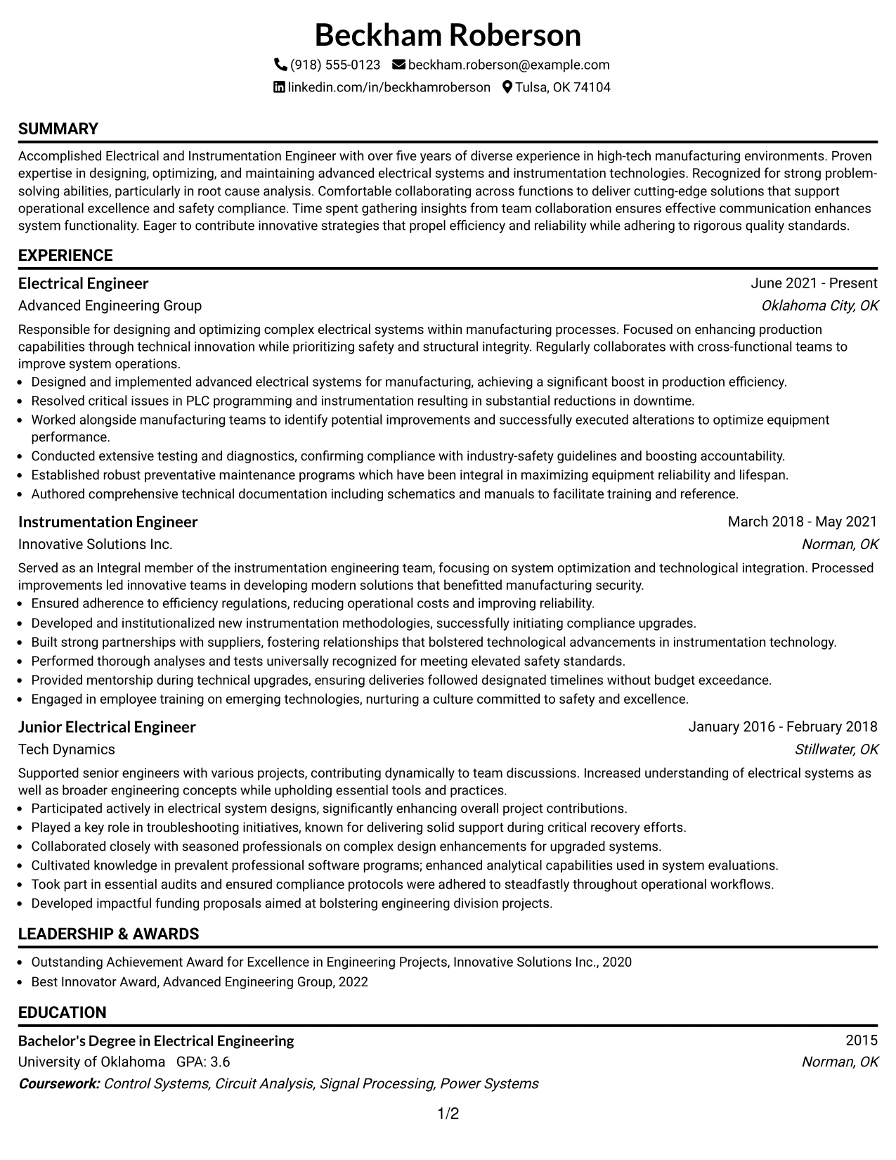 Resume Example Page 1