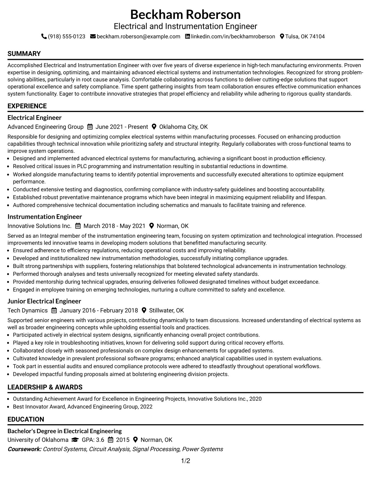 Resume Example Page 1