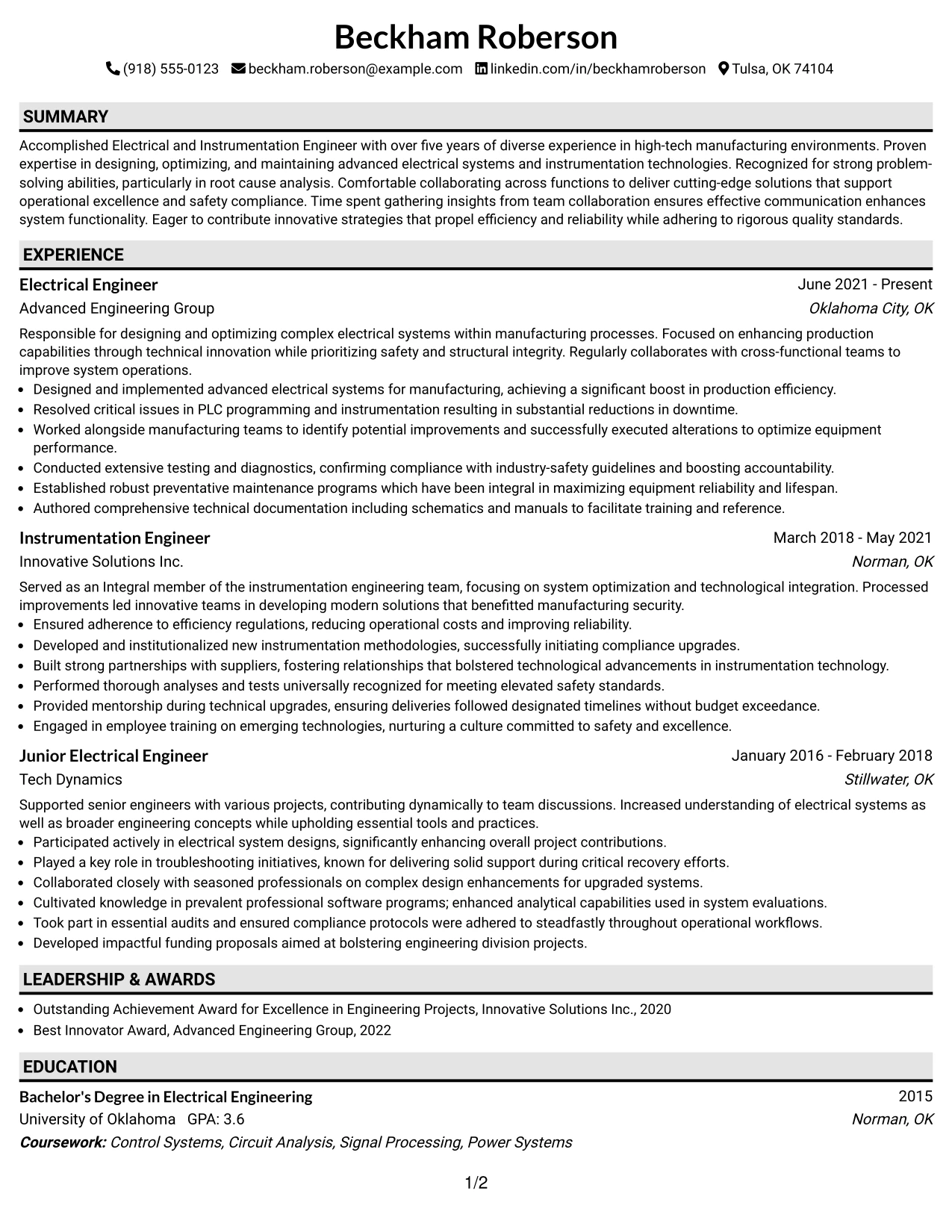 Resume Example Page 1