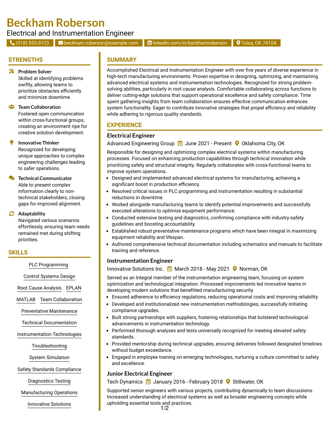 Resume Example Page 1