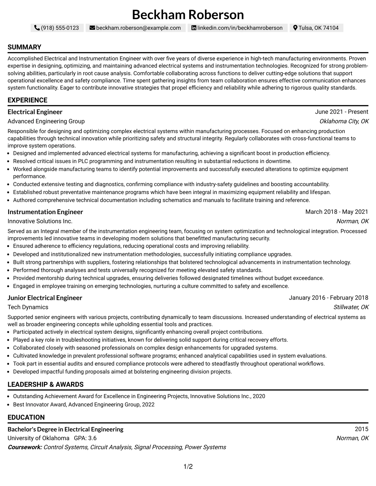 Resume Example Page 1