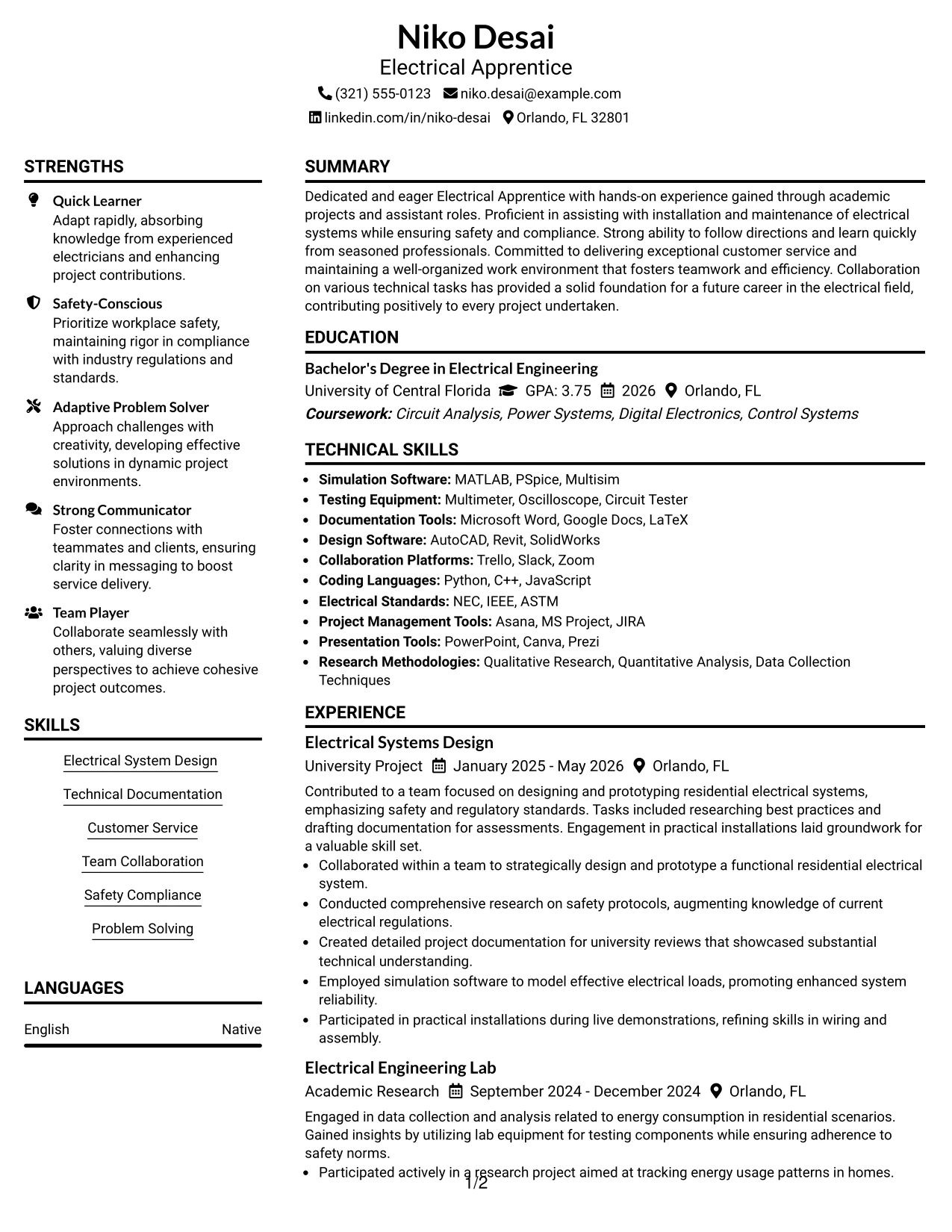 Resume Example Page 1