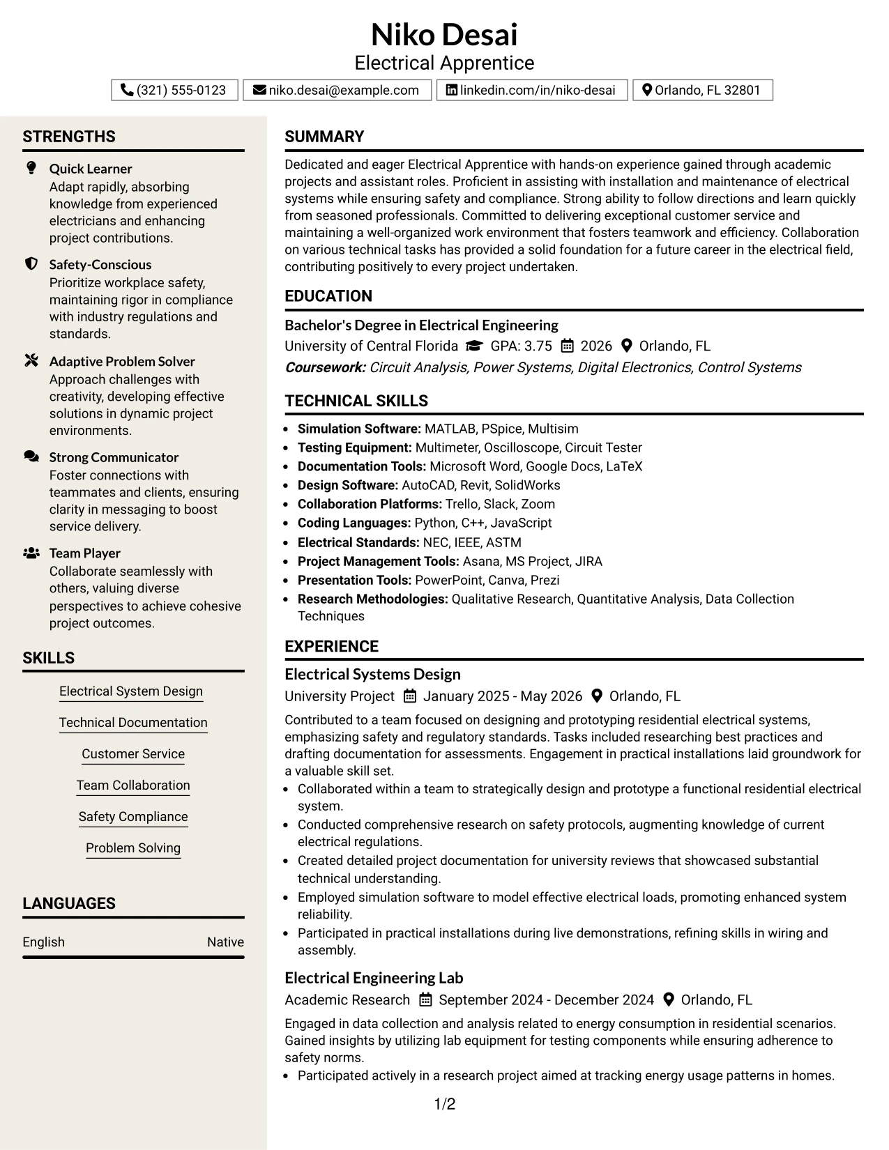 Resume Example Page 1