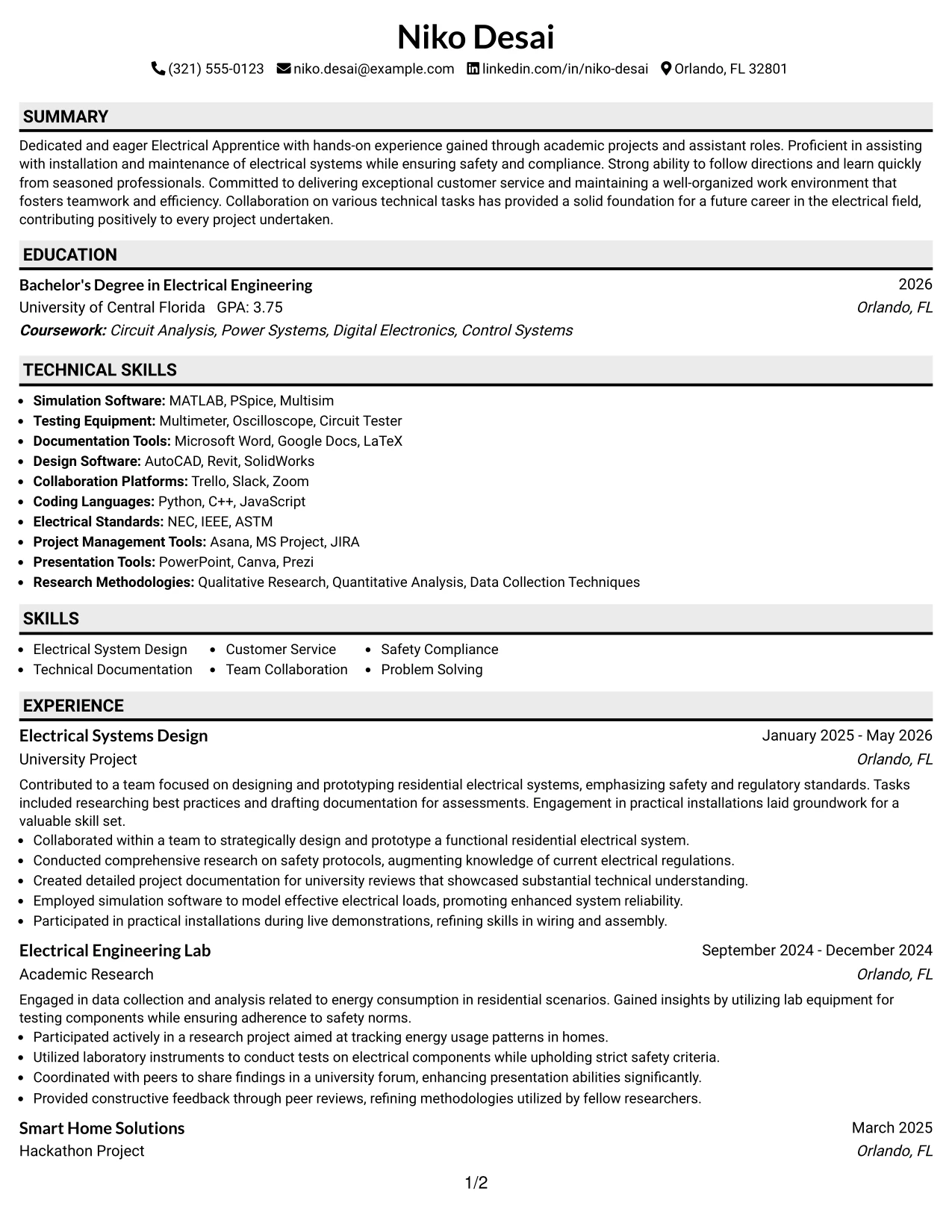Resume Example Page 1