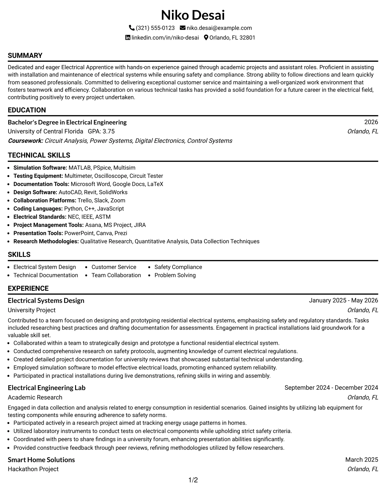 Resume Example Page 1