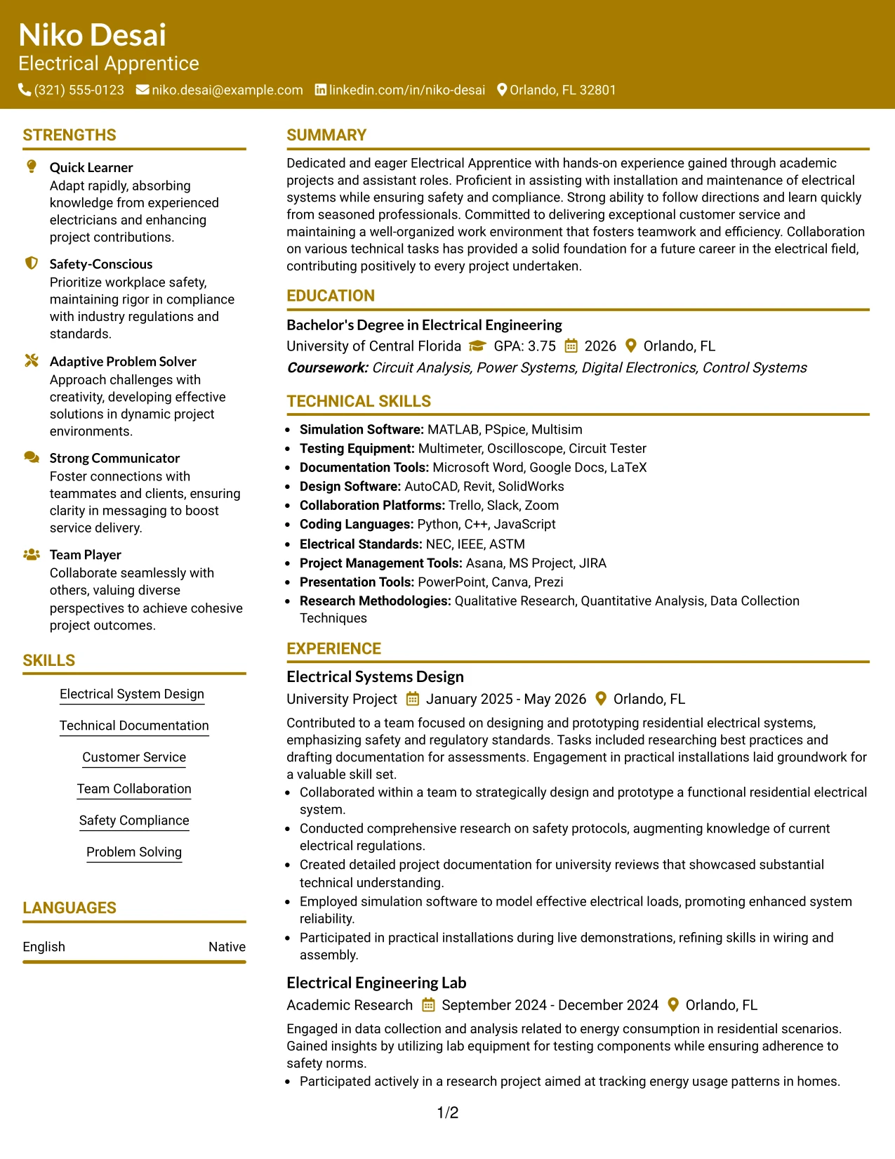 Resume Example Page 1