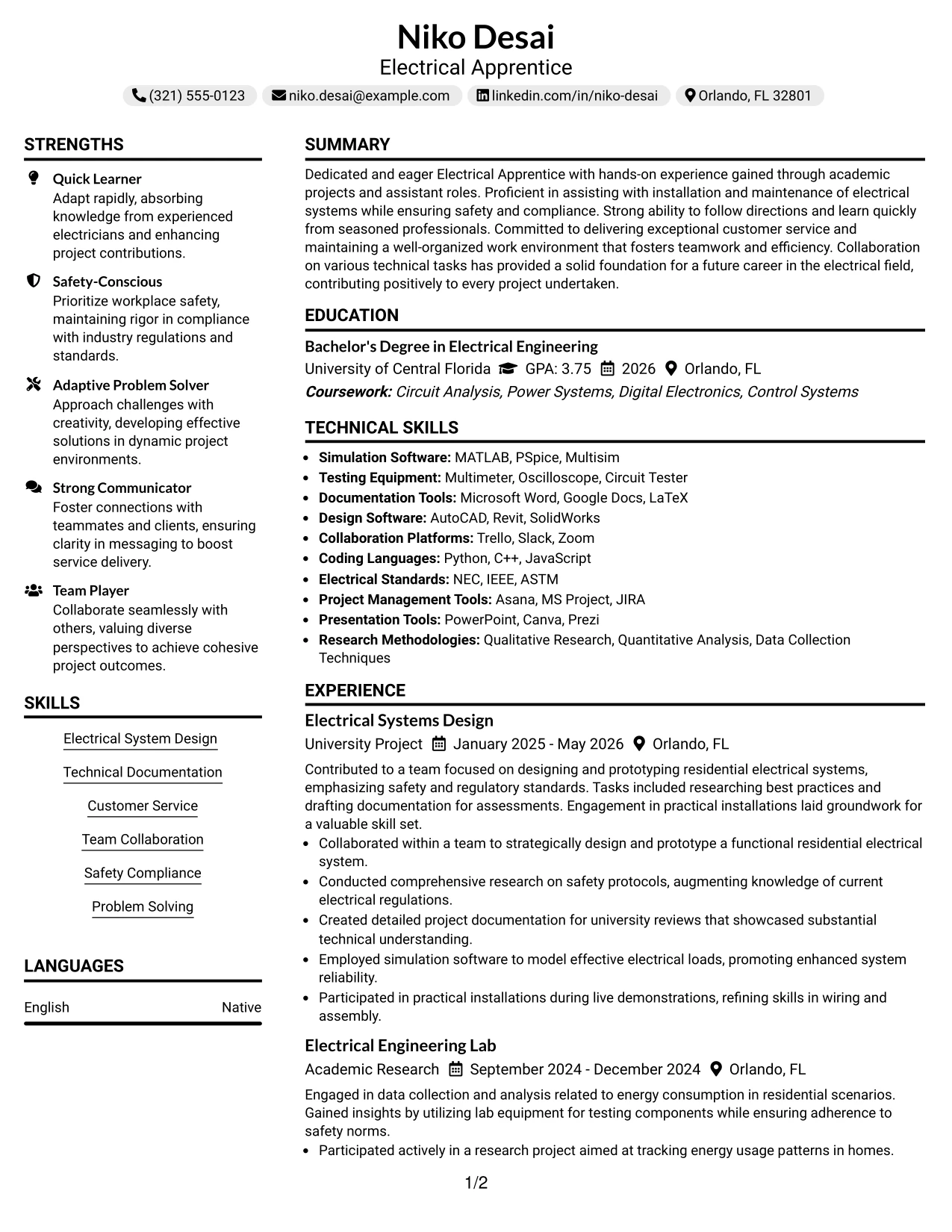 Resume Example Page 1