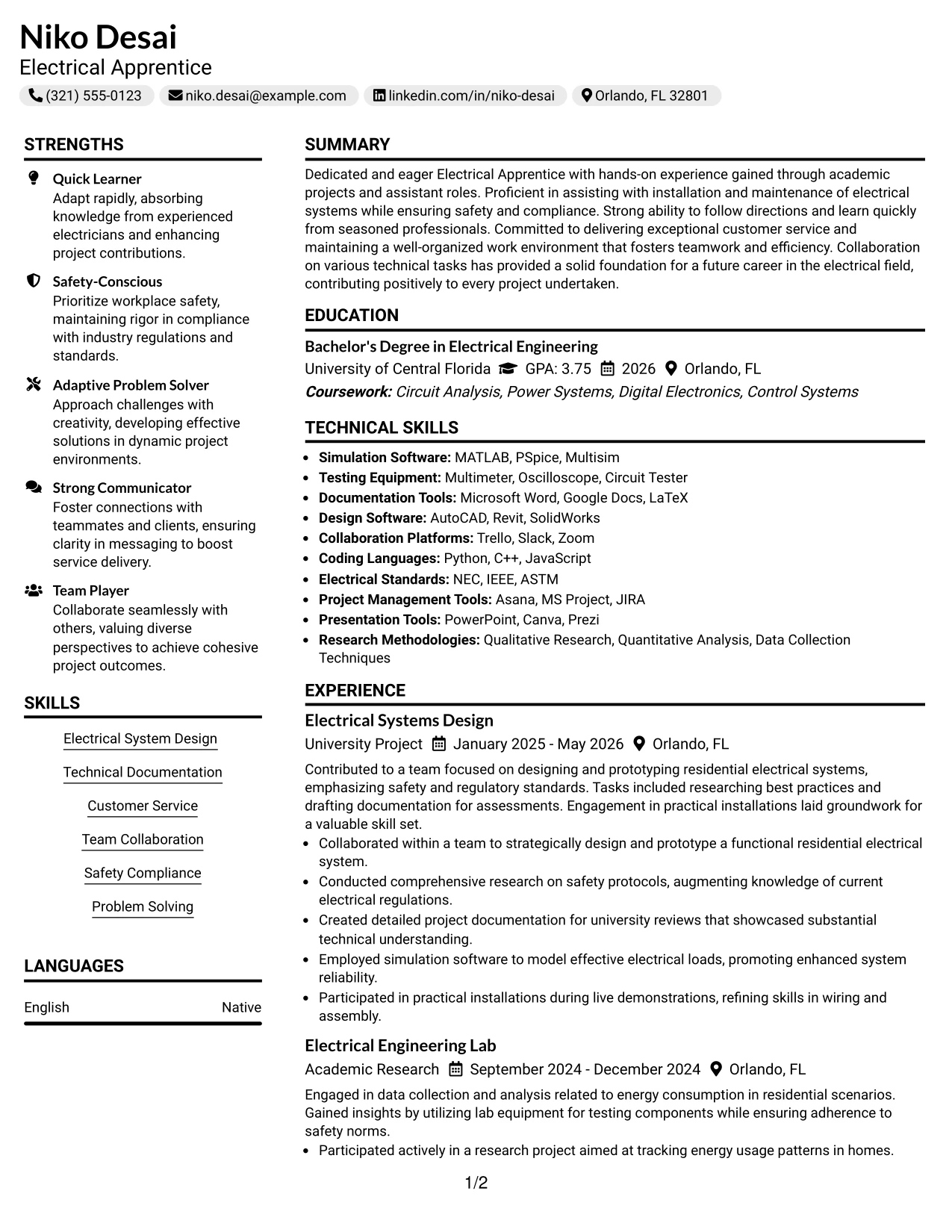 Resume Example Page 1