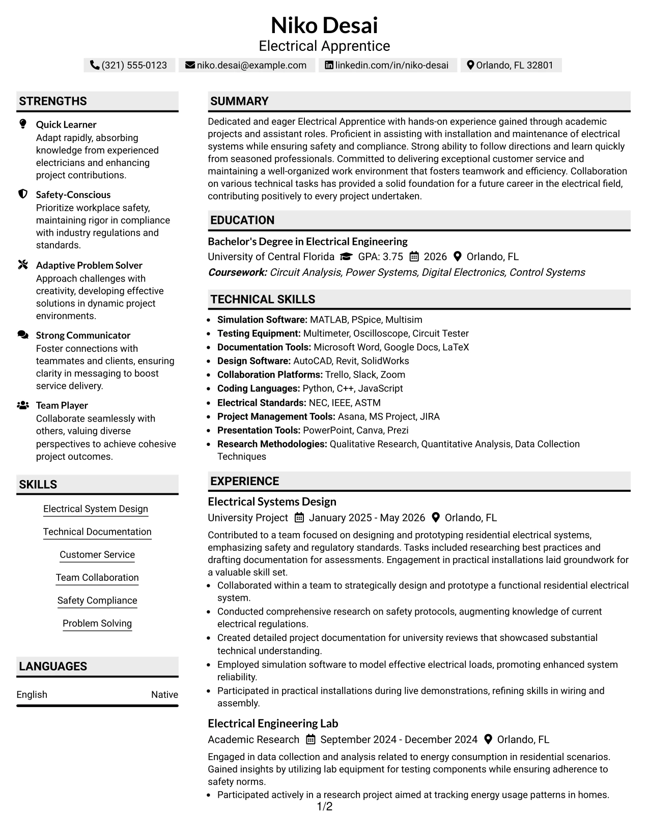 Resume Example Page 1