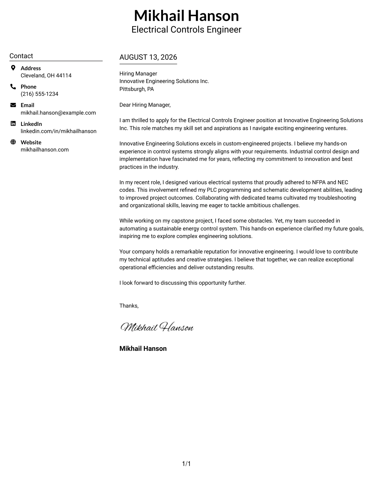 Resume Example Page 1