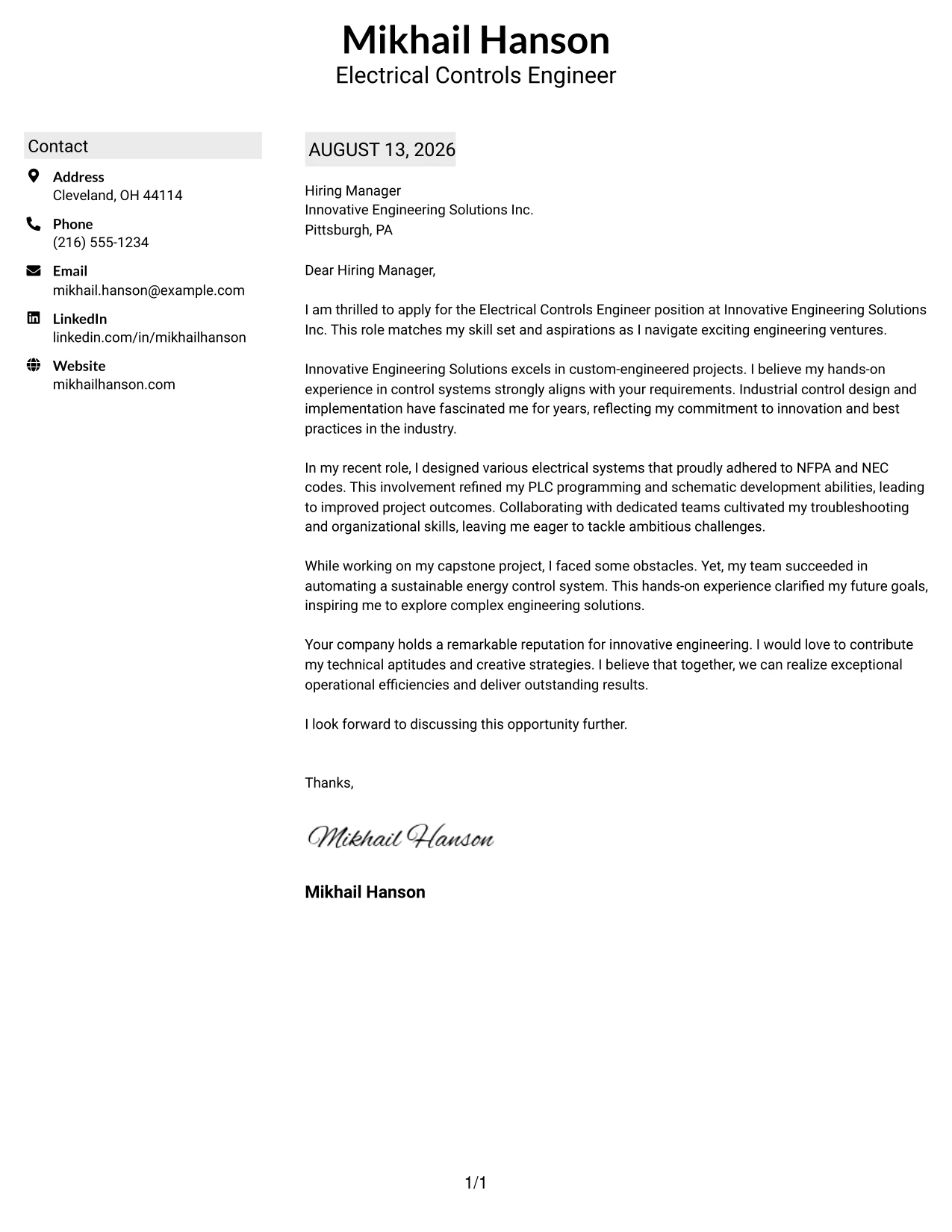 Resume Example Page 1