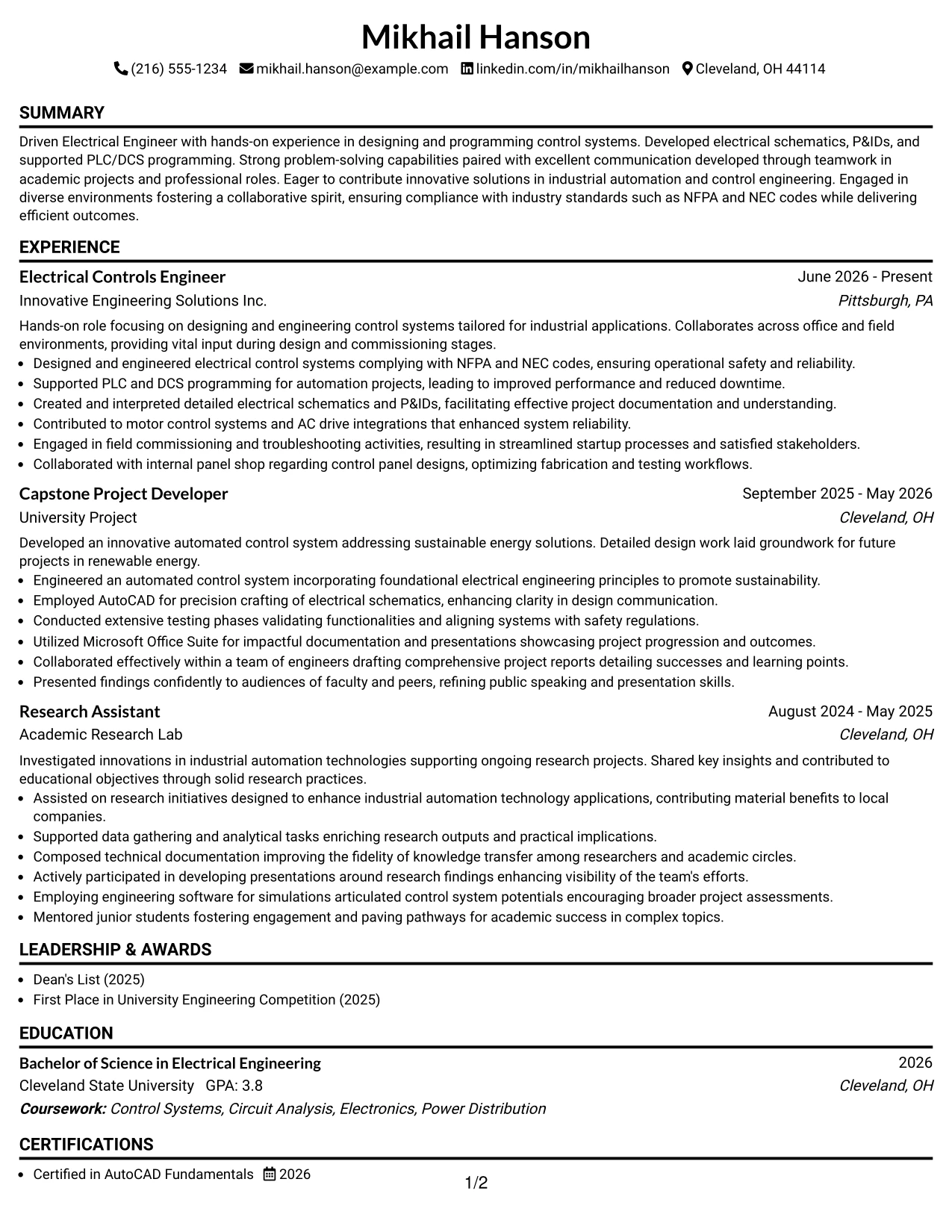Resume Example Page 1