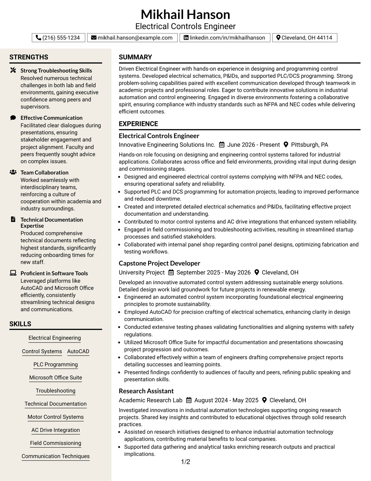 Resume Example Page 1