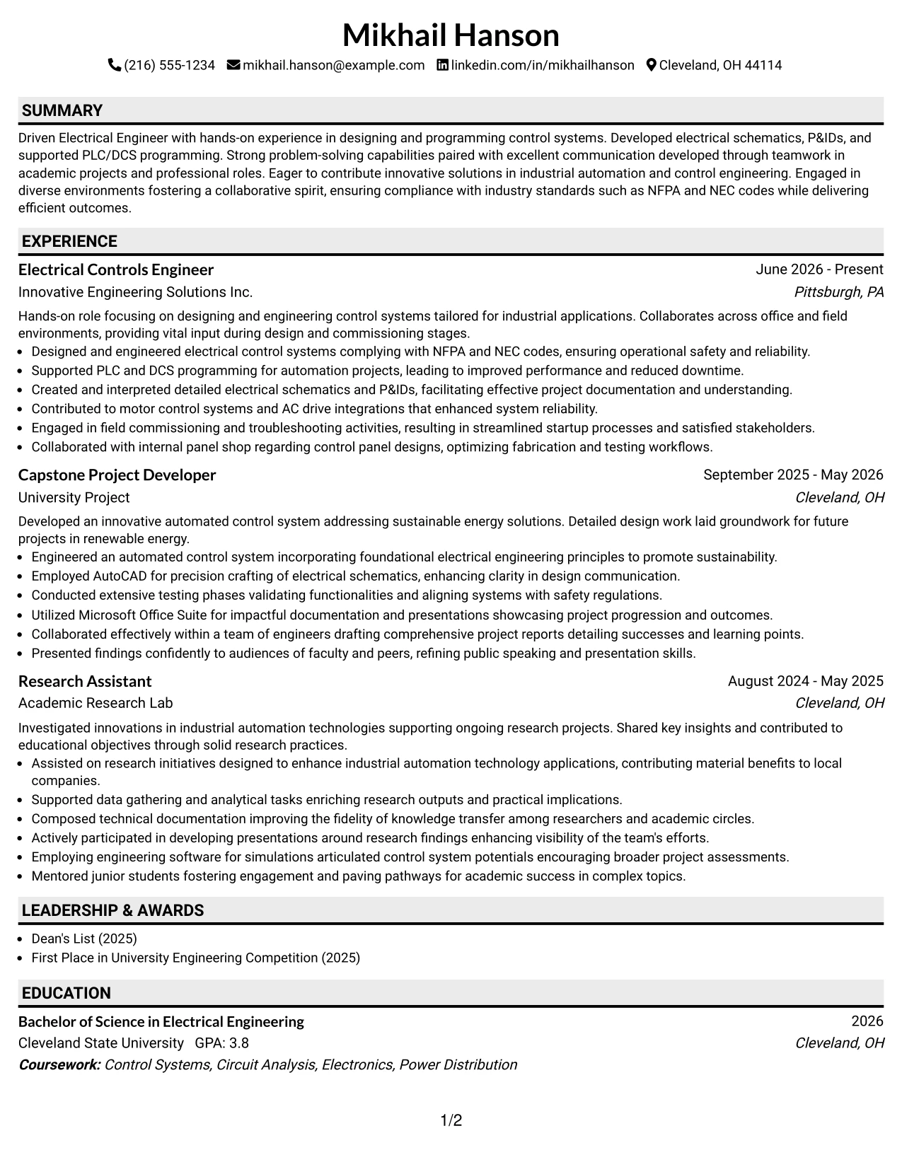 Resume Example Page 1