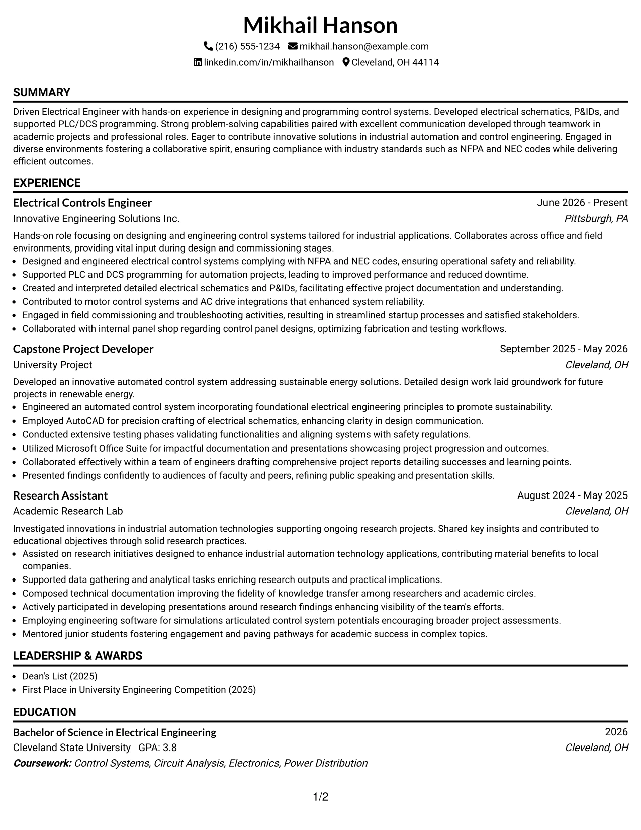 Resume Example Page 1