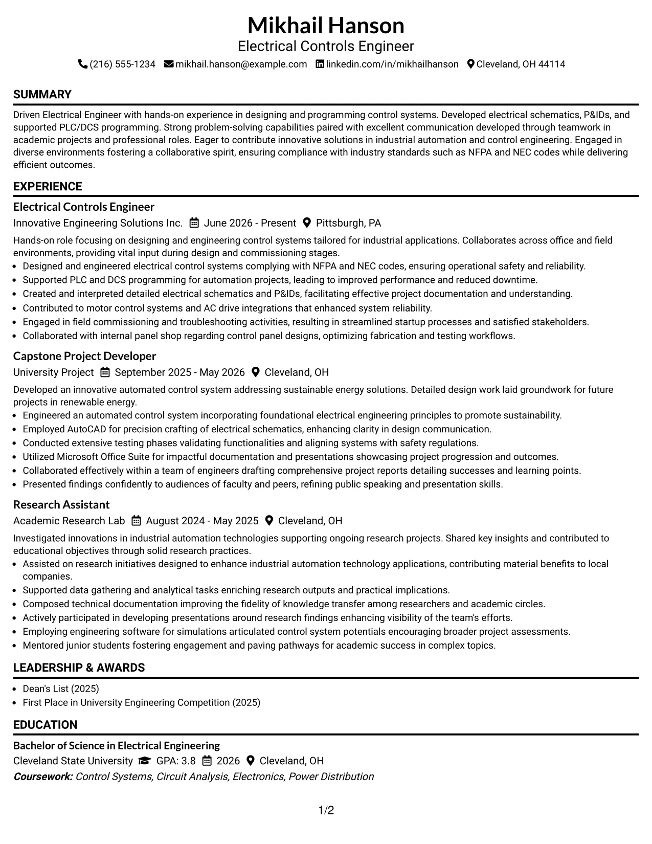 Resume Example Page 1