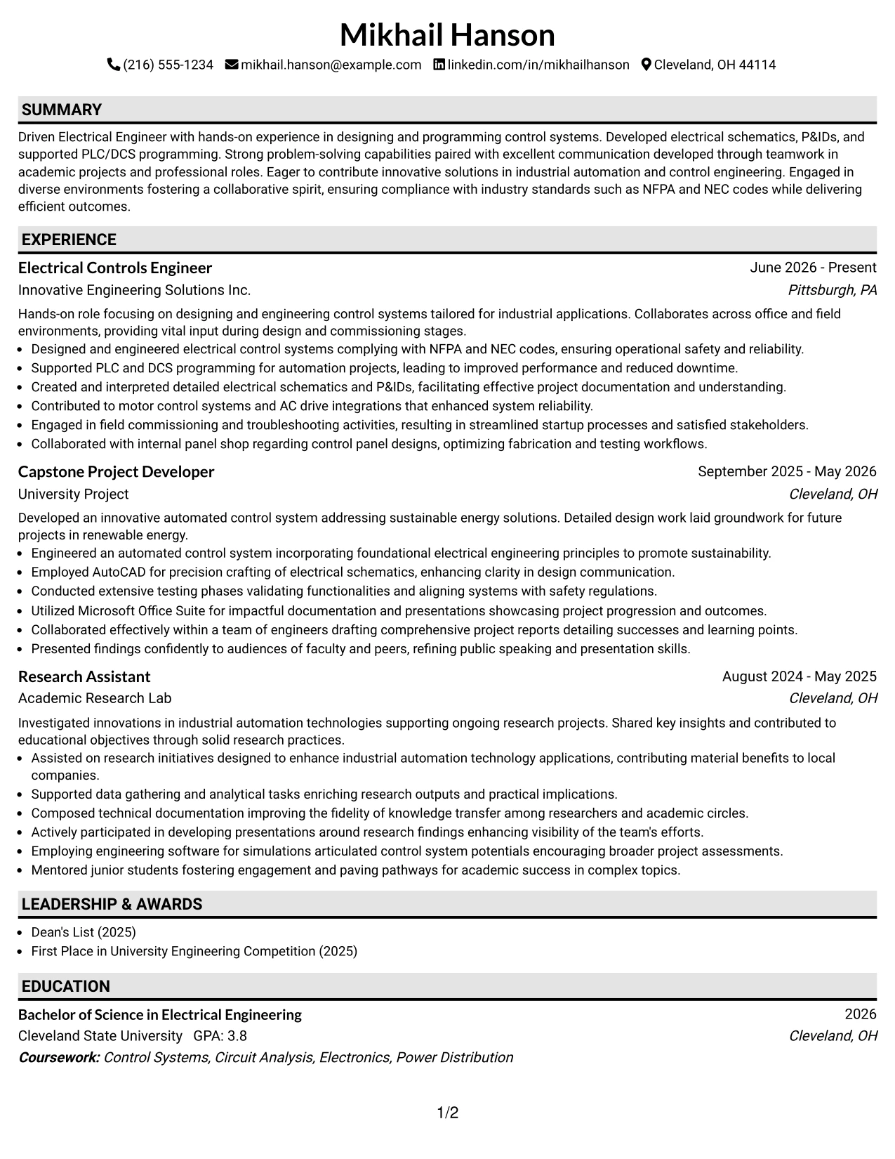 Resume Example Page 1